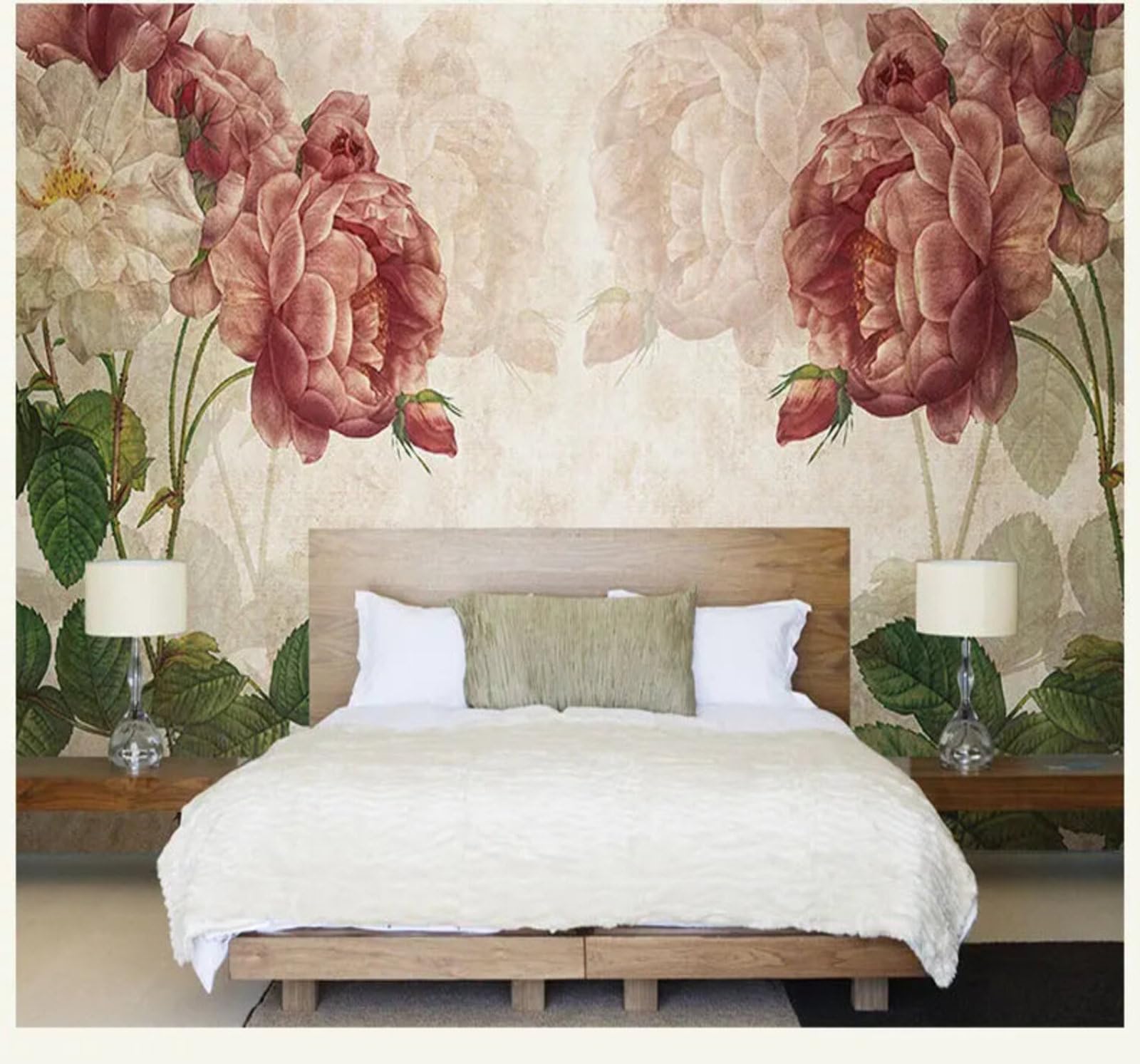 Vintage Hand Drawn Beautiful Pink Flowers 3D Wallpaper Easy Install Feature Office Living Room Sofa Bedroom TV Background Wall Decoration-350cm×256cm