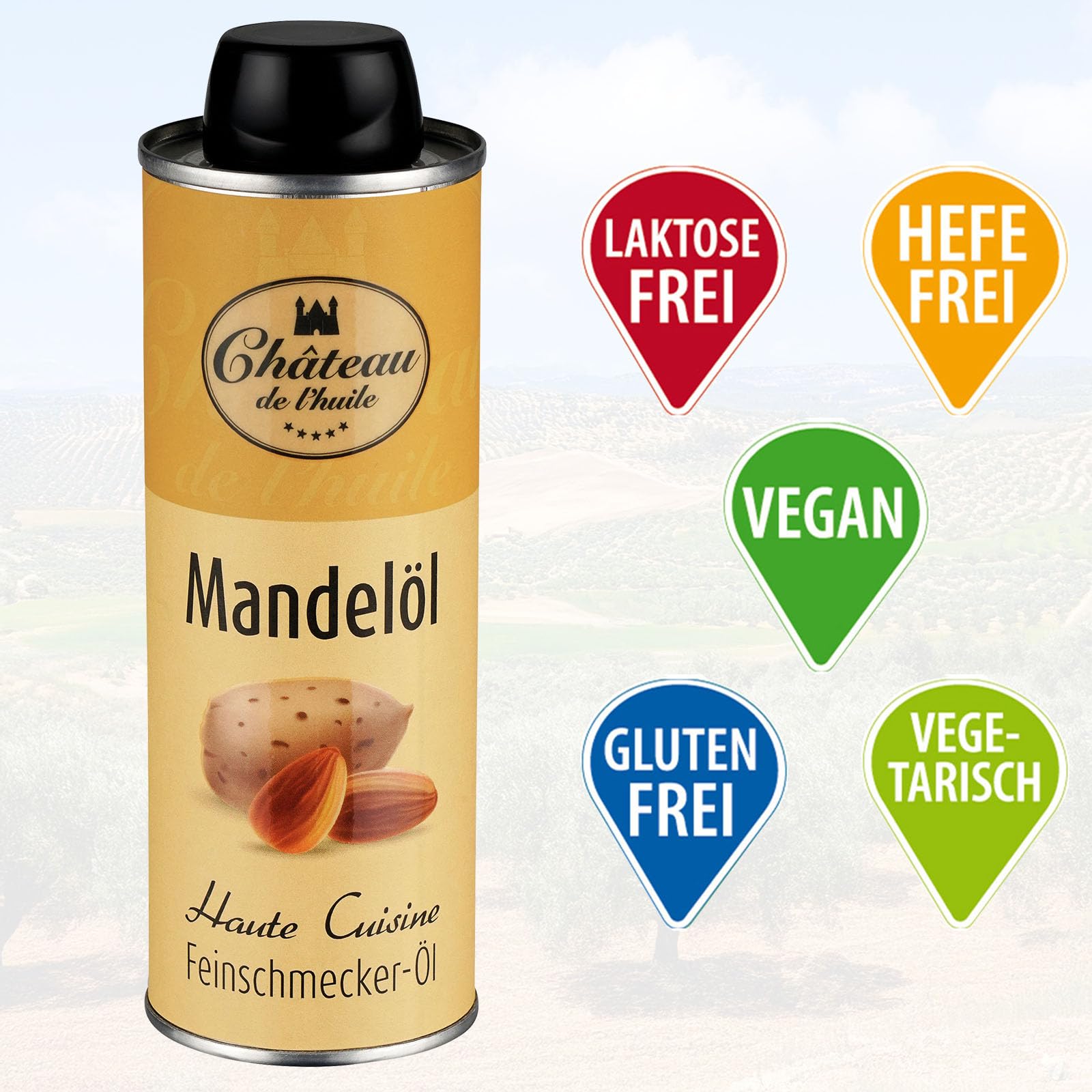 Château de l’huile Geröstetes Mandelöl – 250ml, 2er Pack | In UV-lichtgeschützter Dose für optimale Frische - Kaltgepresst aus Süßmandeln, reich an gesunden Fettsäuren und Vitamin E