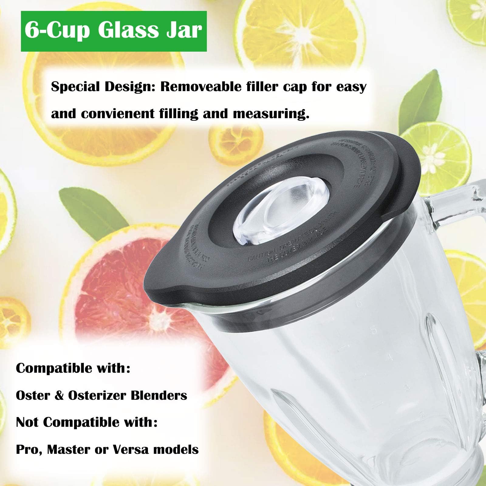 Vaso Di Ricambio Per Frullatore Compatibile Con Osterr Blender 6 Cup 1.25 Litre, Vaso De Licuadora Osterr 48 Ounce 12 Speed Round Glass Jar With Ice Blade, Bottom Cap Base, 8 - Piece Blender Kit