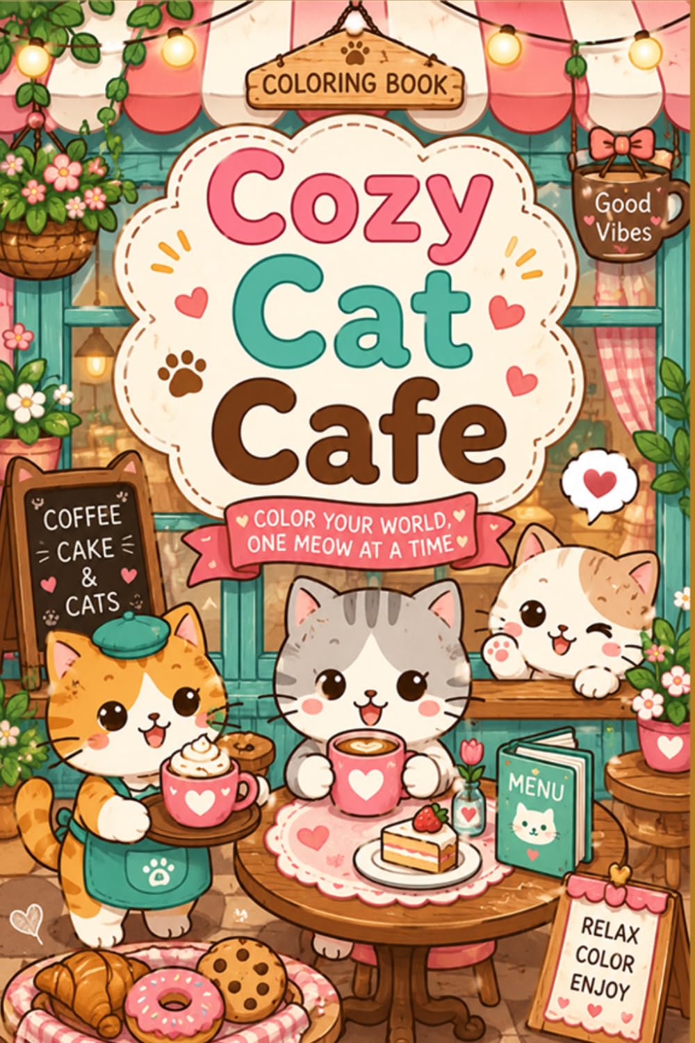 Cute Cozy Cat Cafe Coloring Book: relaxing coloring book for adults