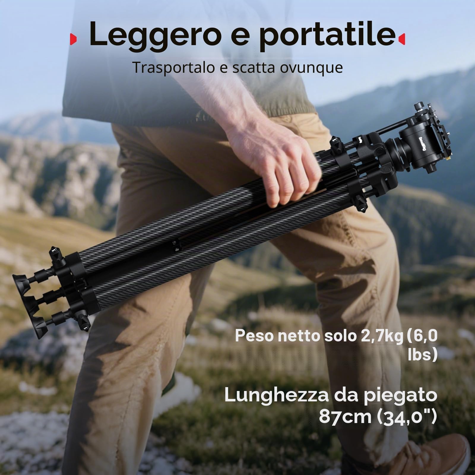 SMALLRIG Treppiede video in lega di alluminio per impieghi gravosi da 73''/186 cm, carico massimo 8 kg, testa fluida con inclinazione da +85° a -78°, peso del treppiede da viaggio compatto 3,1 kg-5441