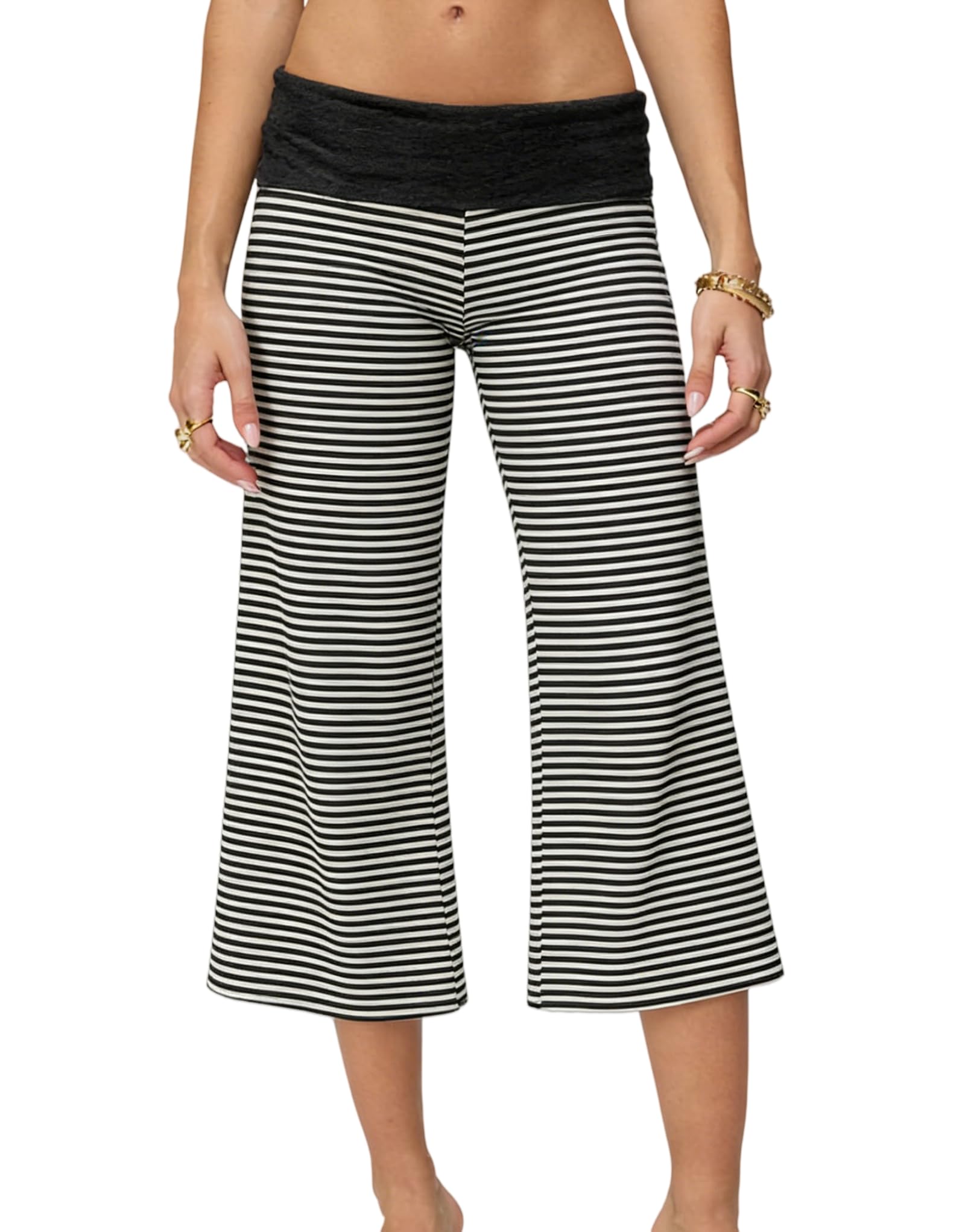aonoapll Womens Fold-Over Capris Low Waist Wide Leg Gaucho Pants Y2k Flowy Palazzo Coluttes Lounge Pants-picture-16