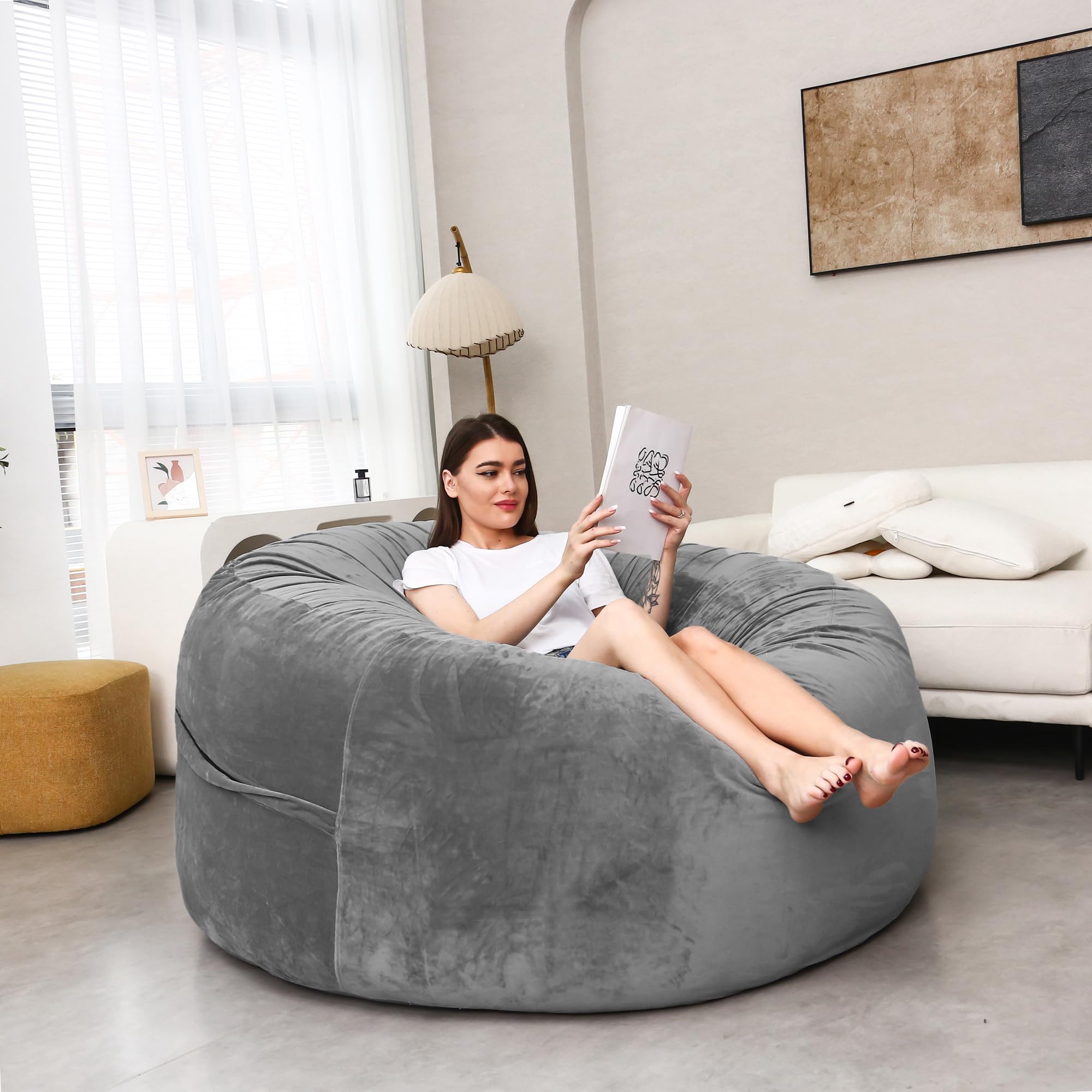 Giant Bean Bag Chair for Adults Kids Oversize Beanbag Chair Cover Without Filler Round Soft Fluffy Comfortable Big Bean Bag Chairs for Bedroom,Study,Game Room Large Sofa Sitting Chair Grey,5FT