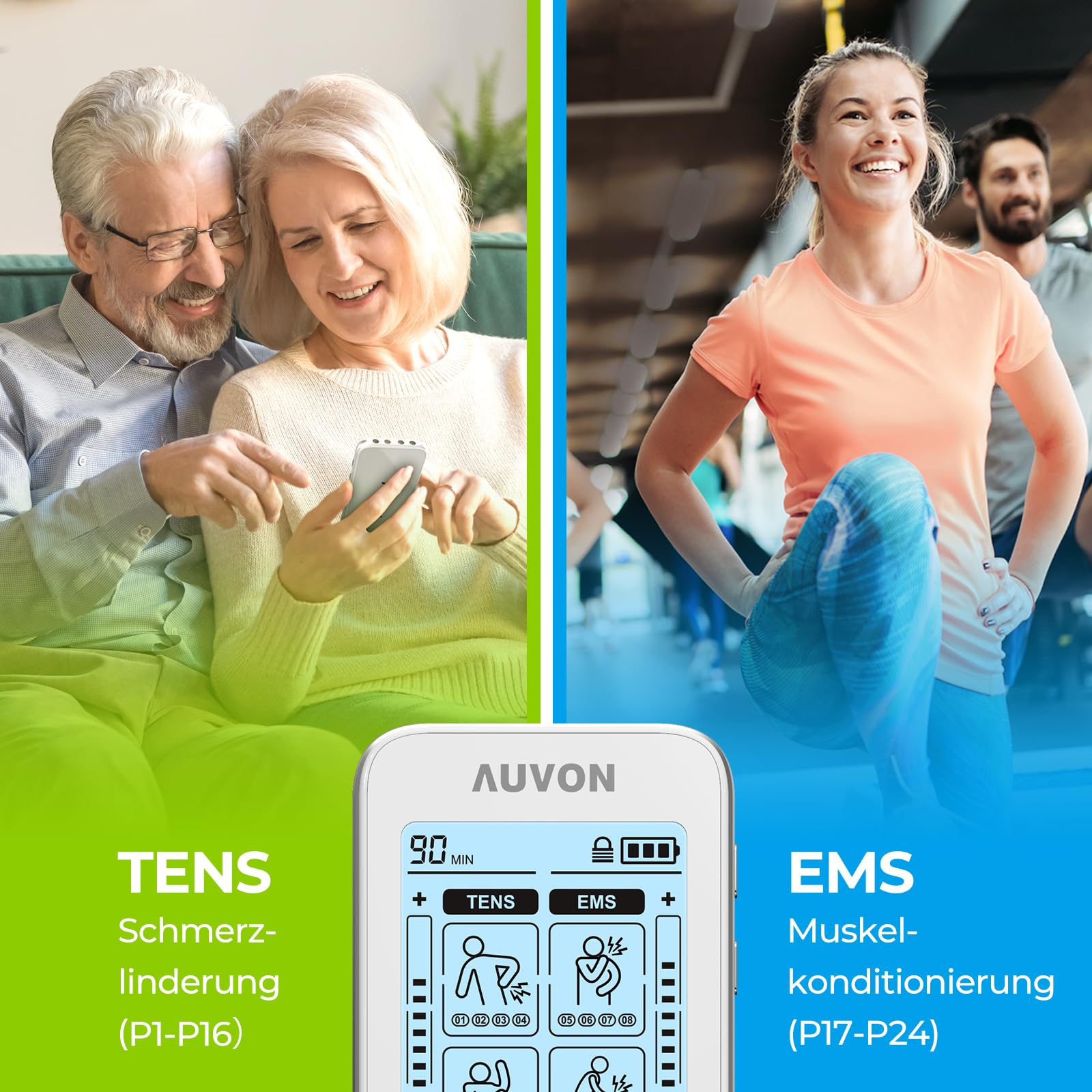 AUVON 4 Kanäle TENS EMS Gerät für Schmerzlinderung, 10er 2"x 2" TENS Pads | 24 Modi Reizstromgerät, medikamentenfrei Schmerzlinderung für Schulter, Rücken und Muskel, Premium-Elektroden patentiert