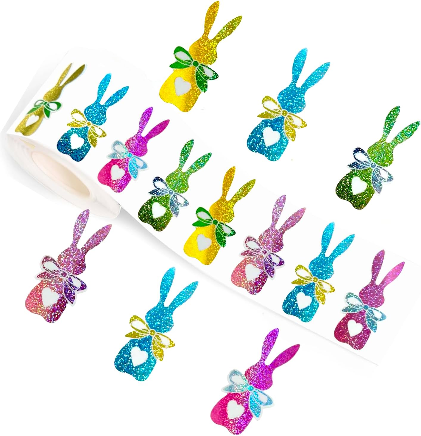 500Pcs Bling Sparkly Easter Bunny Stickers, 1.2'' x 0.8'' 1 Roll of 5 Colors | Easter Basket Essentials Stuff, Spring Self-Adhesive Rabbit Stickers for Seal Envelope Cards Decor Holiday Party Supplies