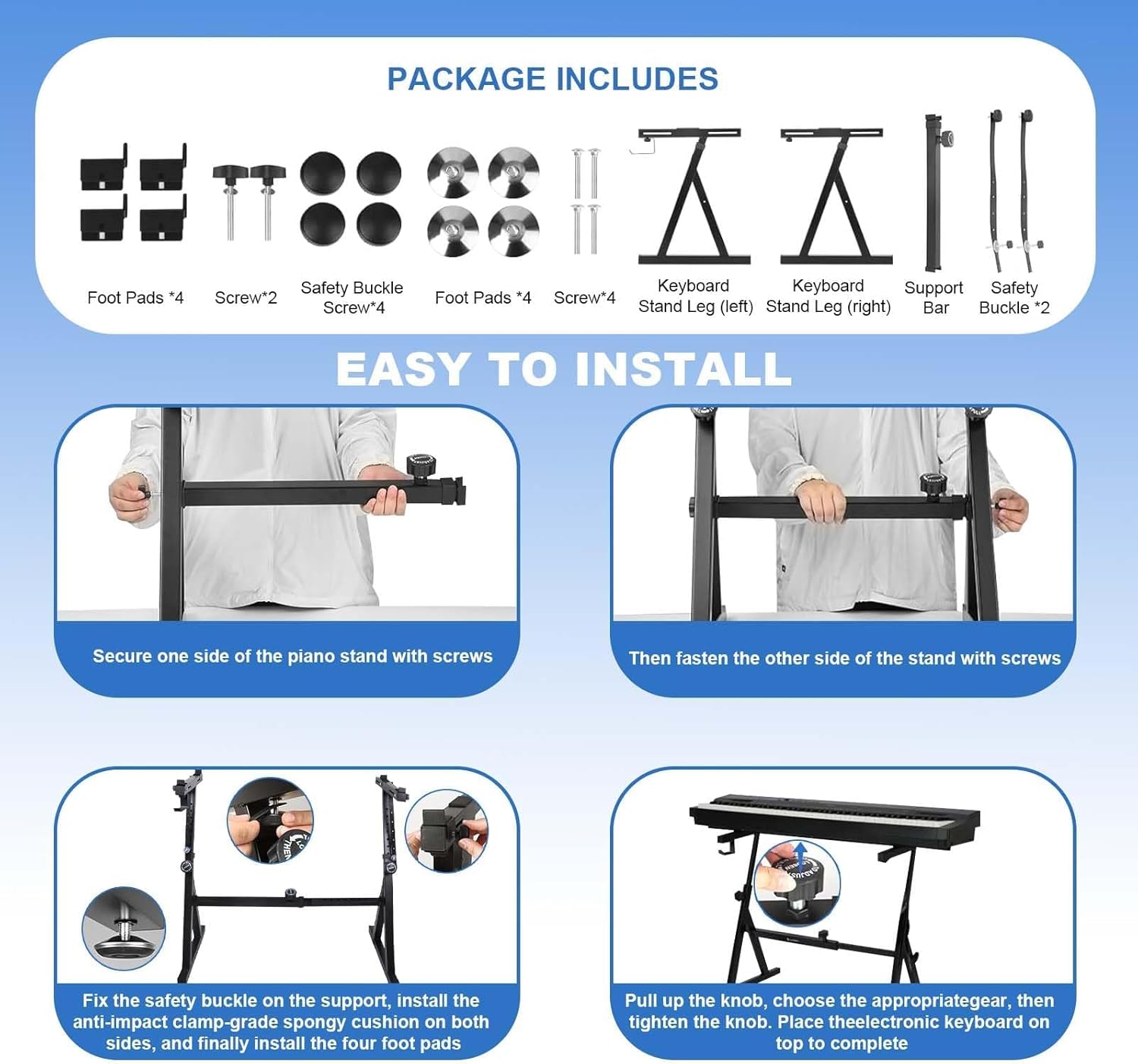 Garvee Piano Keyboard Stand Heavy Duty with Wheels and Stand Pads z-Shaped Adjustable Portable Music Stand with Footrest Holder 250 Pounds Load Capacity for 54 61 88 Keys Keyboards Black