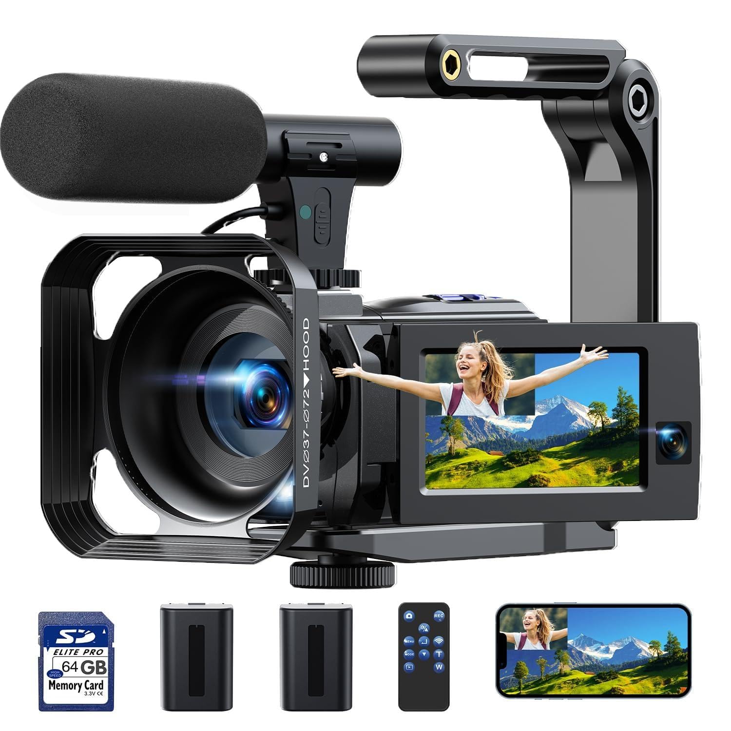 Videocamera 5K Camcorder 56MP WiFi IR Night Vision Vlogging Camera per YouTube Doppio Obiettivo 16X 3.0 Touchscreen Video Camera con 2 Batterie,Scheda 64G,Paraluce,Microfono