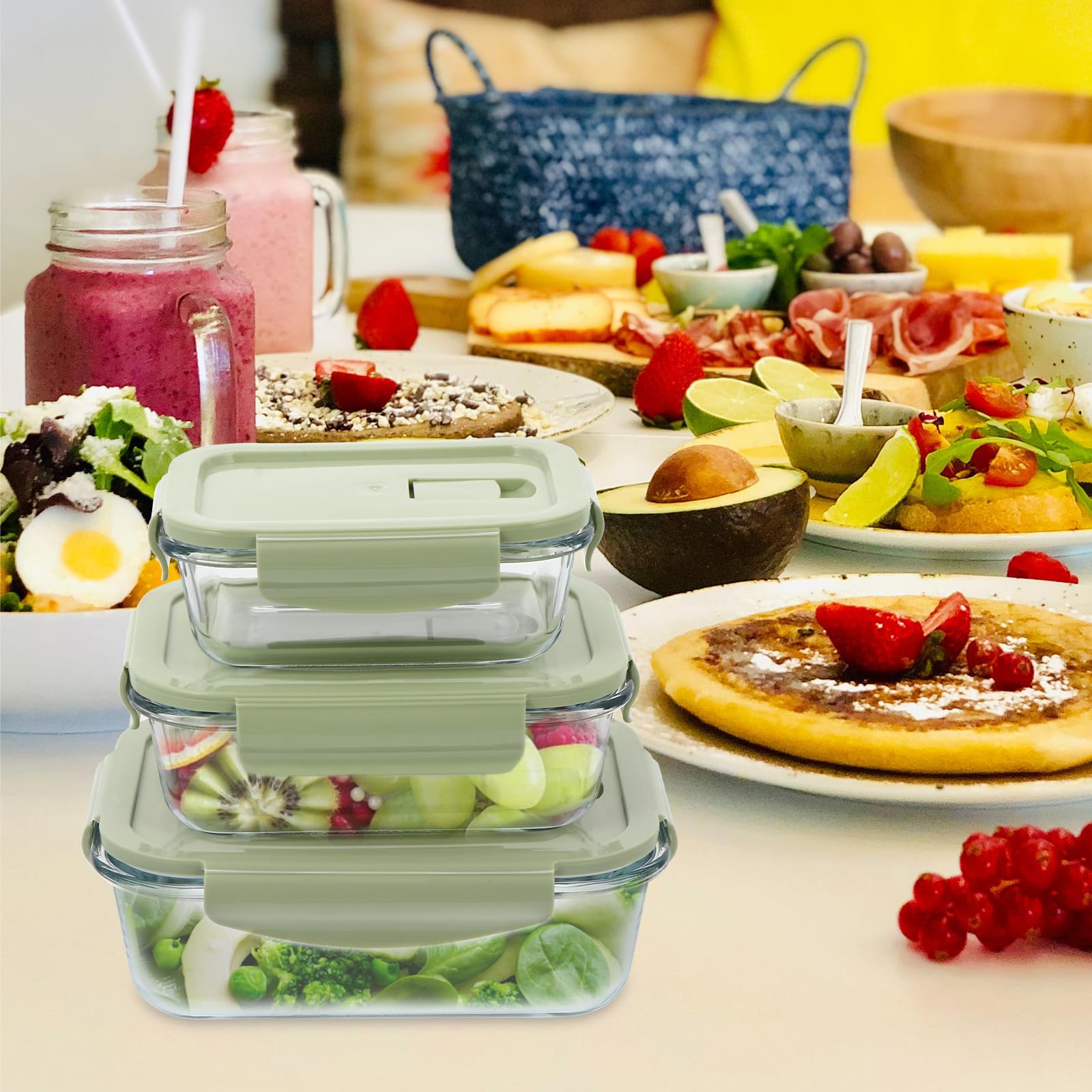 GALPADA 3 Stück Bento Boxen aus Glas und Pp mit Dampfablass und Leicht zu Öffnendem Deckel Wiederverwendbare Brotdosen für Büro und Reise Grün
