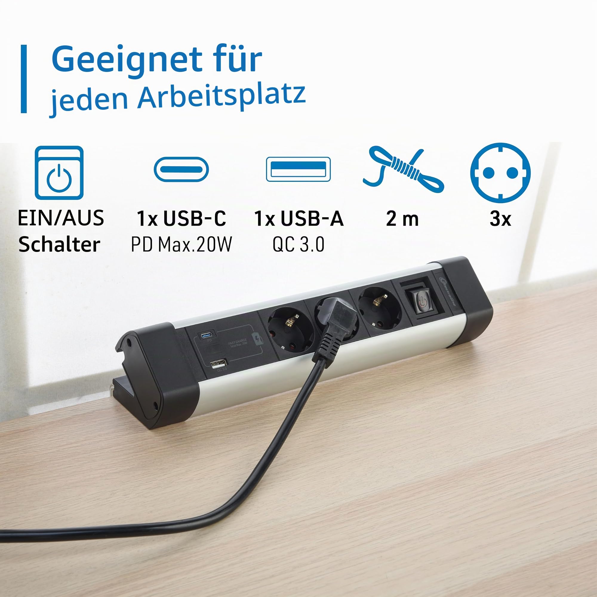 Electraline 62581 Steckdosenleiste Alu für den Schreibtisch 3-Fach + 3 USB (2 USB A 3.0A QC + 1 USB C PD20W) Kabel 2 m, Überspannungsschut, Mehrfachsteckdose/Tischsteckdose Steckerleiste