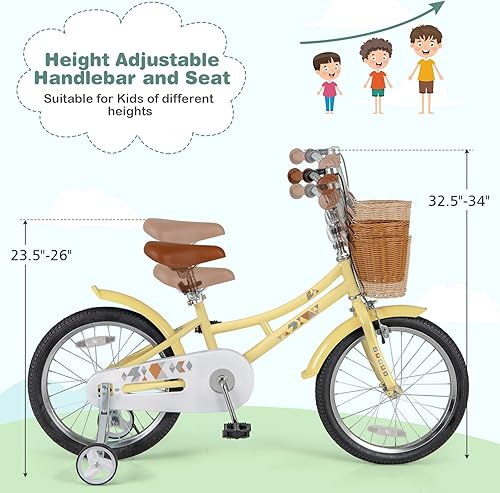 Miniatura 2 de BABY JOY Bicicleta retro para niños, 12, 14, 16, 18 pulgadas, para niños de 3 a 8 años, con cesta de ratán, altura ajustable, ruedas de