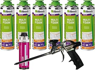 FM220 Lot de 6 mousses de construction, de montage, pour fen&ecirc;tre, haute isolation phonique, isolation thermique, 500 ml, kit combin&eacute;s (avec nettoyant AA290 + pistolet &agrave; mousse professionnel en t&eacute;flon