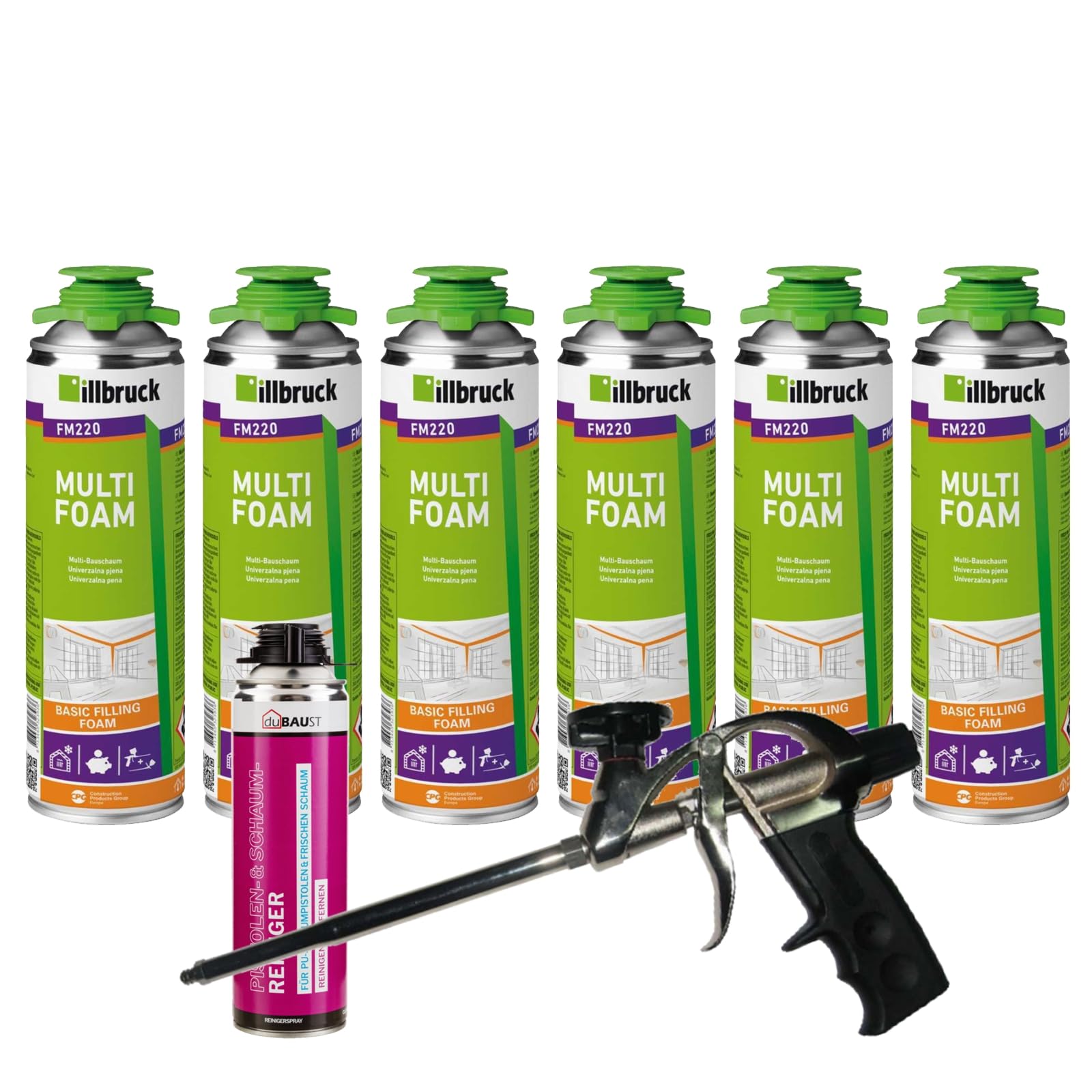 FM220 Bauschaum Montageschaum Pistolenschaum Multischaum Fensterschaum hohe Schalldämmung Wärmedämmung 500ml Kombisets (mit Reiniger AA290 + Schaumpistole Profi Teflon, 6x 500ml)
