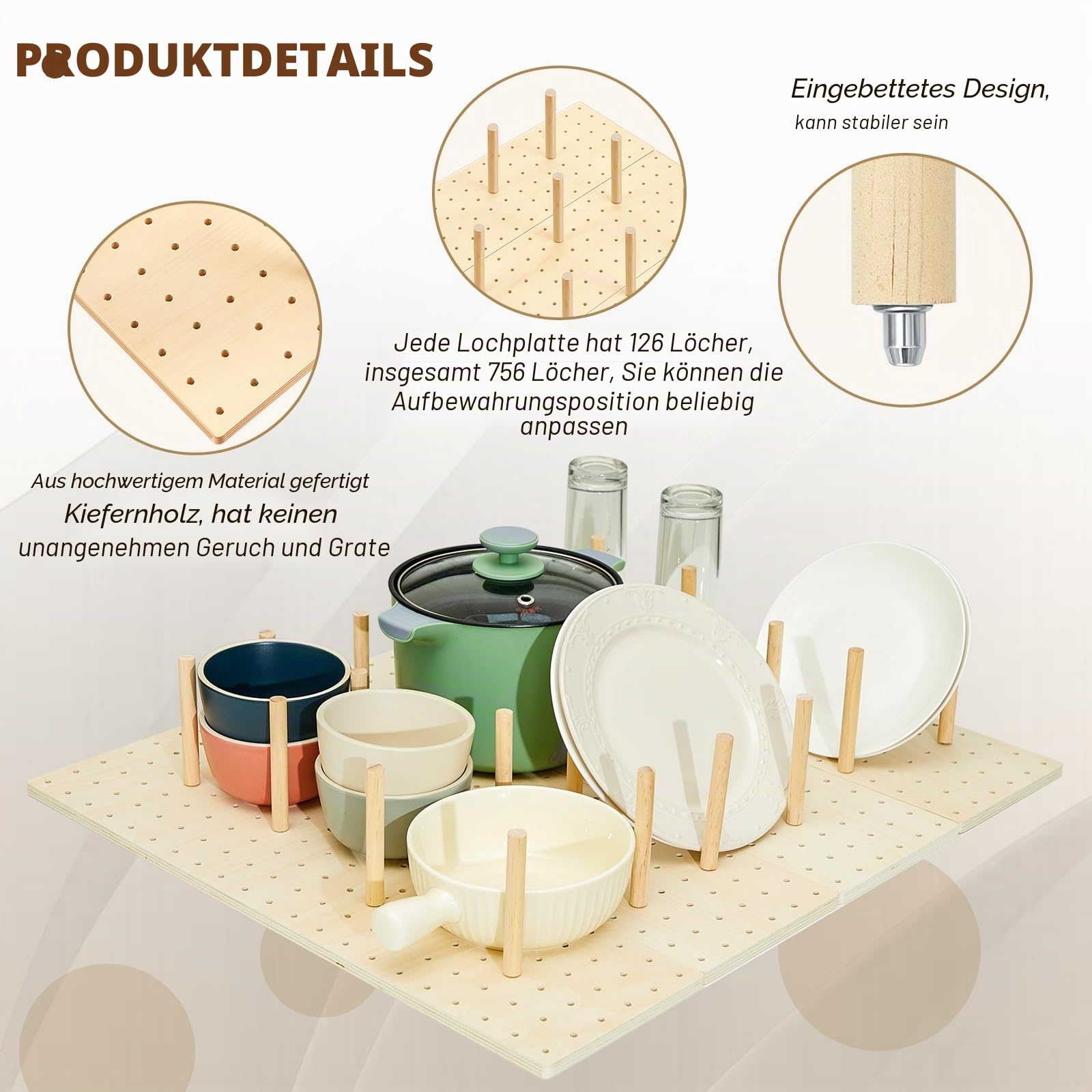 Kigley 6 Stück Holz Stecktafel Schublade Organizer Mit 48 Klammern - Peg Board System für Geschirr und Lebensmittelbehälter - Küche Platte Organizer