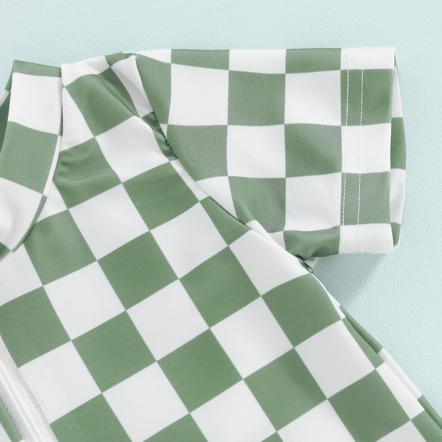 Toddler Baby Boy Girl Swimsuit Checkered One Piece Swimwear Short Sleeve Zipper Rash Guard Beach Bathing Suit - Image 5