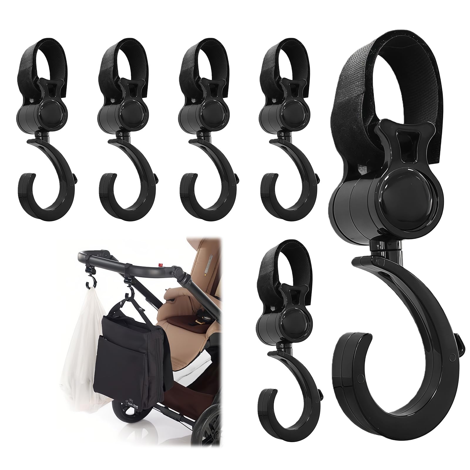 Tel Charme * 6-Pack 360° Rotating Walker Hooks – Universal Stroller Hangers for Diaper Bags, Wheelchairs, Shopping Carts & Car Back Seat (Black)