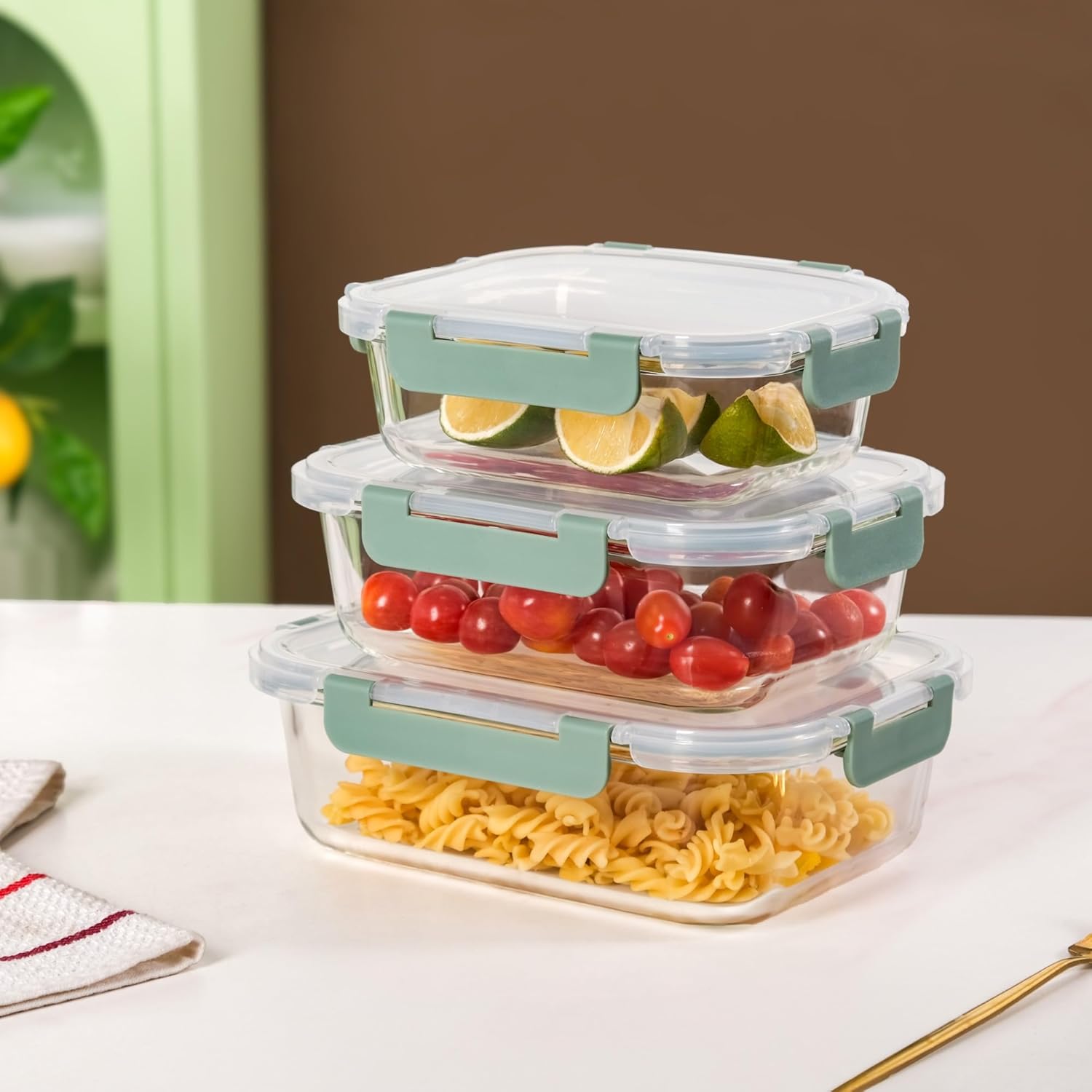 Nestasia Nestro Airtight Glass Containers with Lid Set of 3 (S-600ml, M-1000ml, L-1500ml) | Transparent Rectangle Glass Containers with Break Free Lock | Microwave, Dishwasher & Freezer Safe (Green)