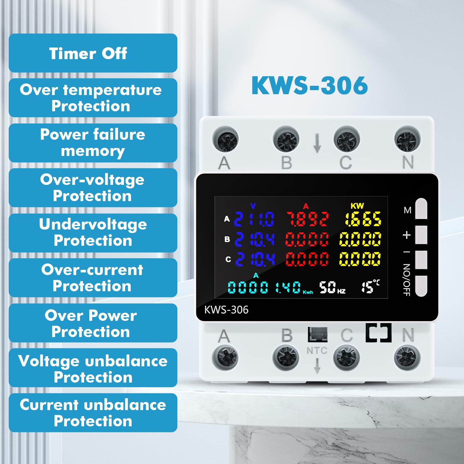 Contatore Energia Elettrica Trifase, 9 in 1 Misuratore di Consumo Elettrico Digitale Contatore Elettrico Energy Meter con Protezione da Sovratensione/Sottotensione AC 85-290V 80A (NO WiFi)