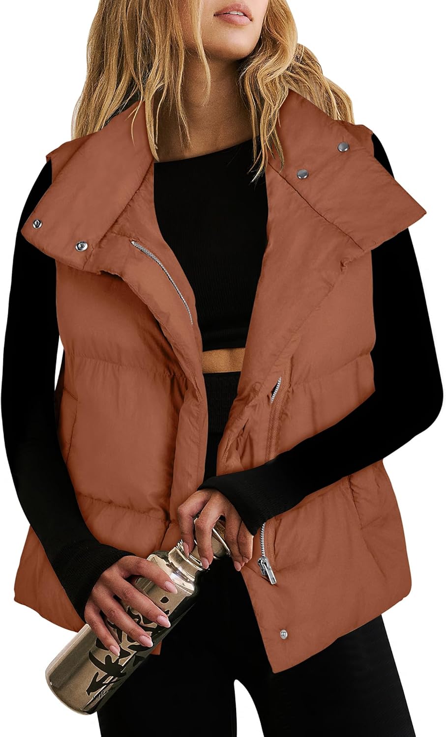 ANRABESS Women Puffer Vest Sleeveless Zip Up Stand Collar Quilted Lightweight Jacket Winter Warm Puffer Padded Down Outerwear