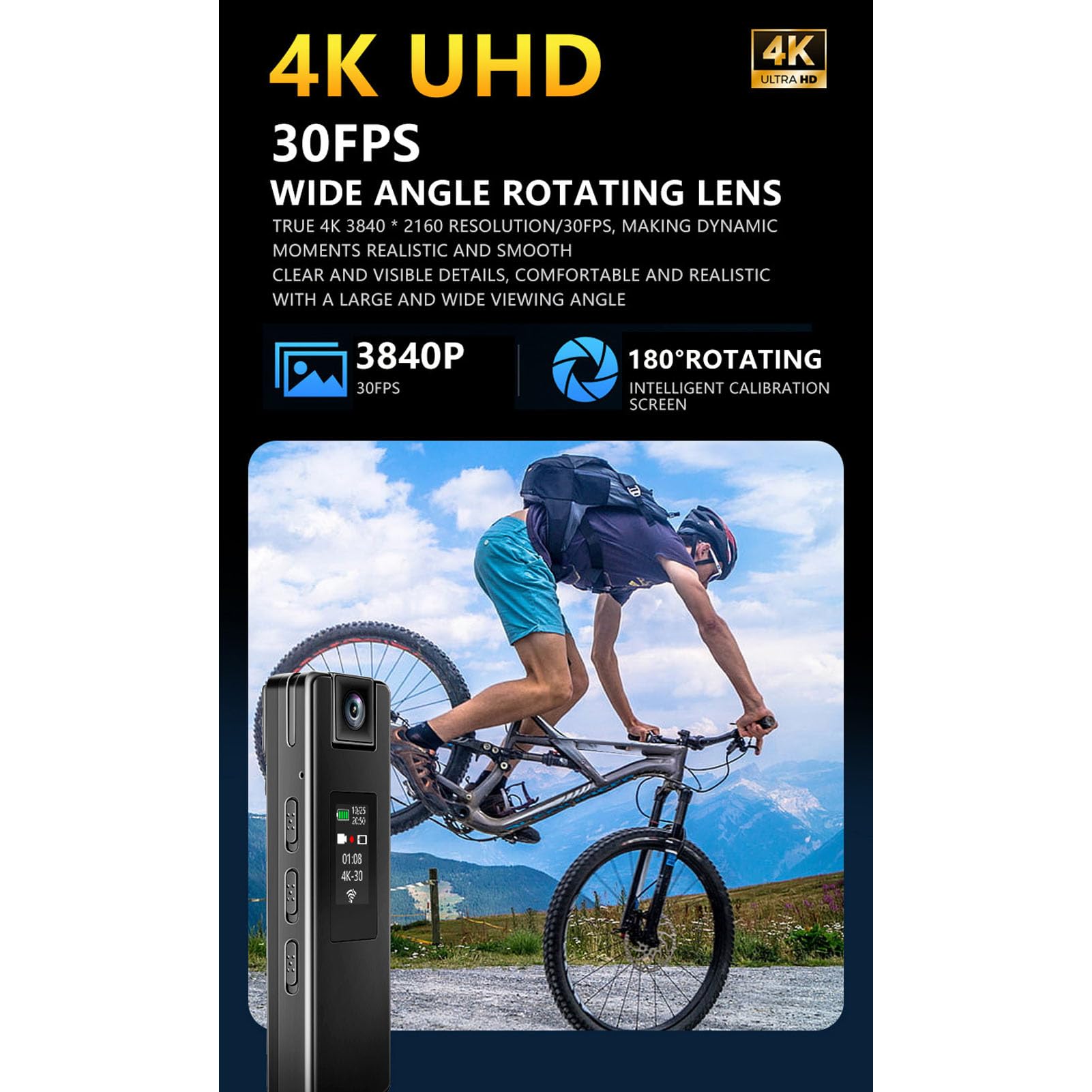 LICAEVEY Kamera Nasobna z detekcją Ruchu, Kamera Sportowa 4K HD z Wbudowanym Hotspotem Wi-Fi i funkcją antywstrząsową, Przenośna Kamera Sportowa z Klipsem z Tyłu, Obiektyw Obrotowy o 180