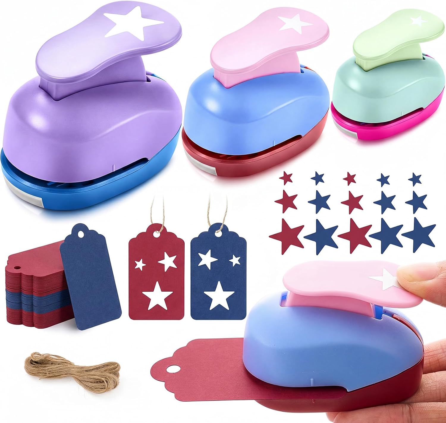 Fullhawl 53 Pcs 4th of July Star Hole Punch Set, 3 Sizes Star Craft Punches (3/8", 5/8", 1"), Includes 50 Kraft Gift Tags & 10m Twine, Patriotic DIY Decorations for Independence Day, Classroom Crafts