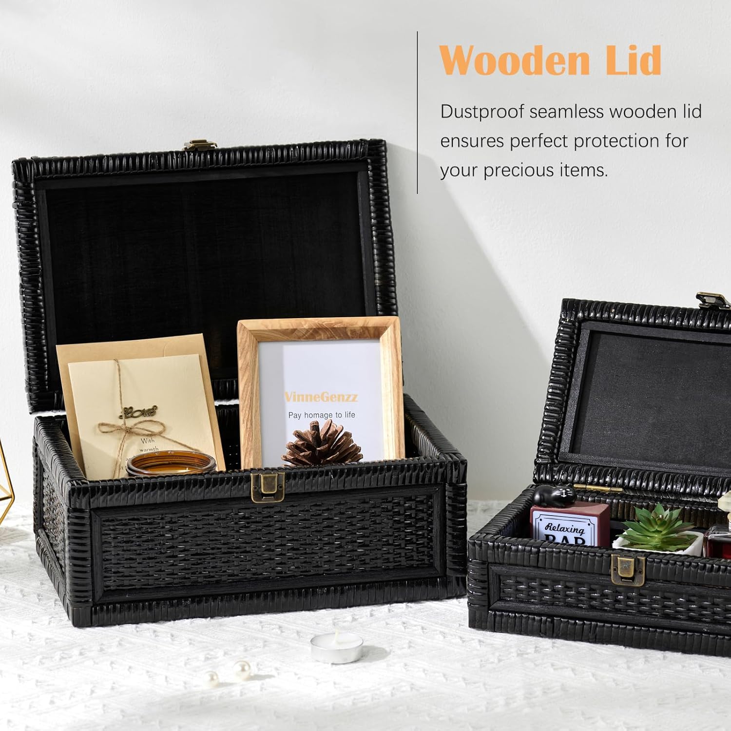 Rattan Box with Lid Decorative Natural Handmade Boho Rattan Baskets Woven Wicker Cane Bins Keepsake Memory Jewelry Boxes Rectangular Desk Shelf Closet Organizer Container (Black, Small)