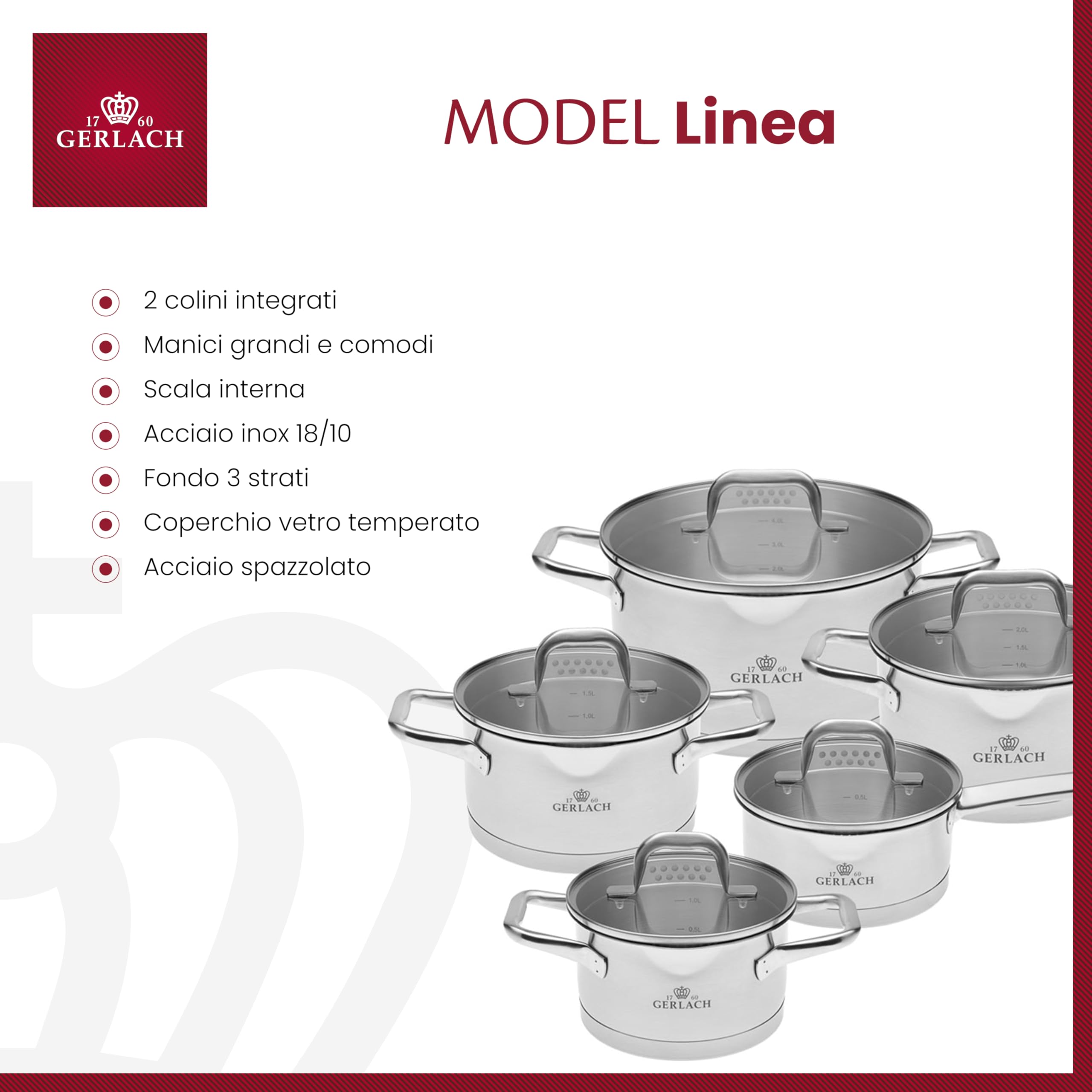 Gerlach Modello, set di pentole in acciaio inox, per induzione, set di pentole a induzione, 5 pezzi