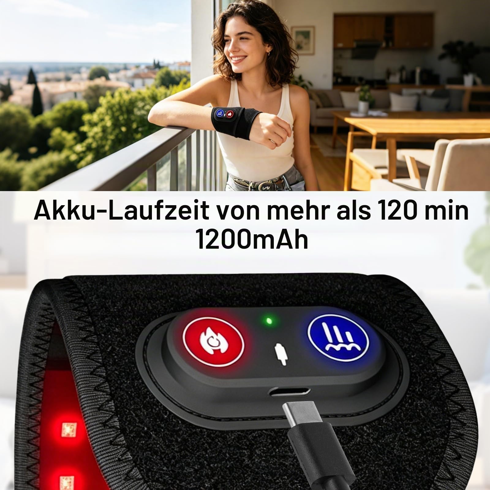 Infrarot Rotlicht Therapiegerät für Handgelenk, 48 LEDs (660nm & 850nm), Rotlichtband mit Wärmefunktion & 3 Lichtmodi, Wiederaufladbar für Hand, Nacken, Rücken, Schulter & Beine