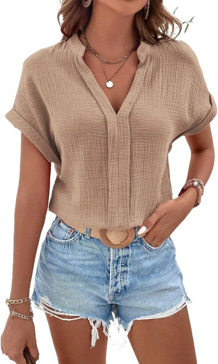 Women's Classic-Fit Shirt Notched Neck Batwing Sleeve Blouse(Large)