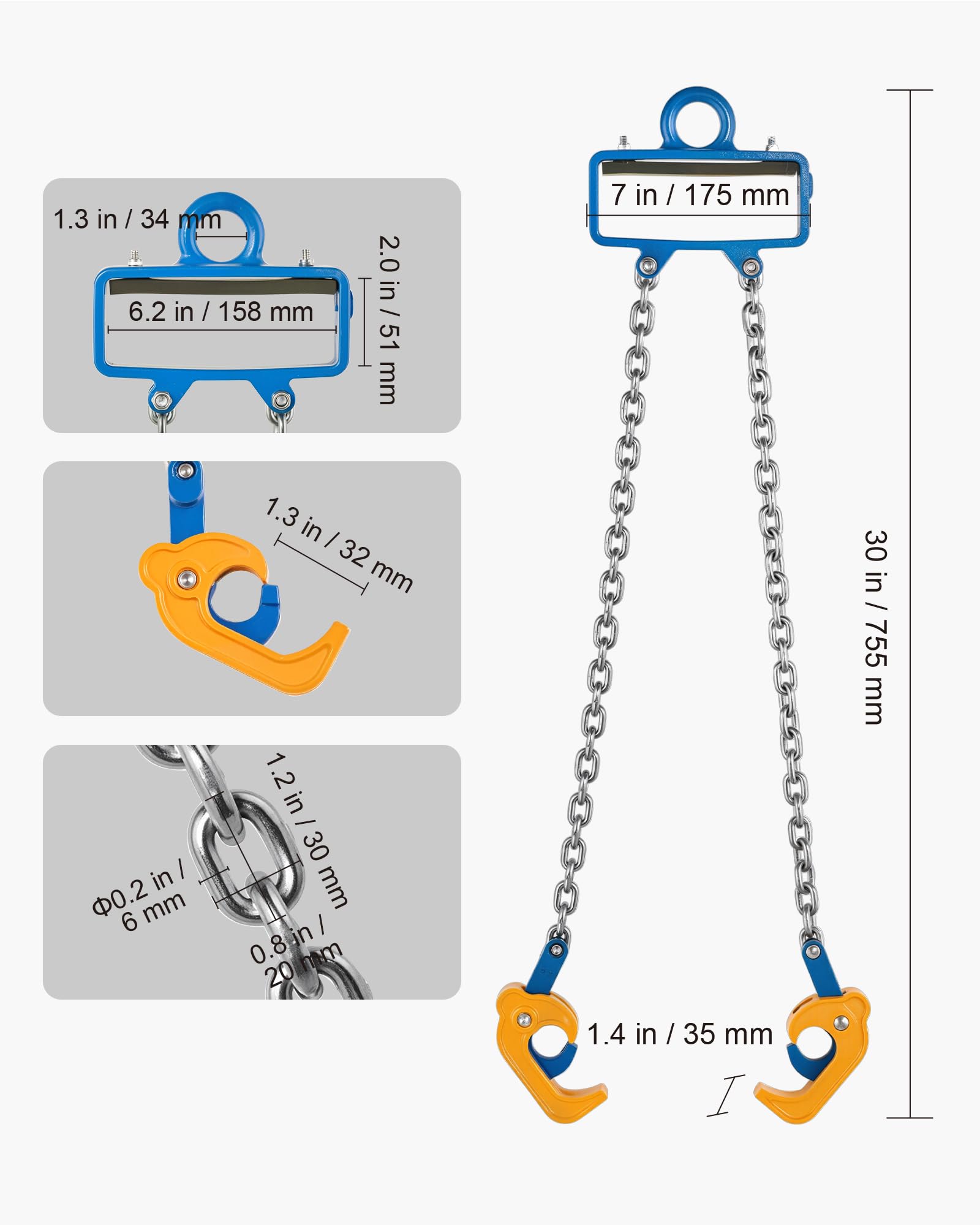 VEVOR Elevador de Bidones de Cadena, Cadena de Elevación de Bidones G80 con Gancho de Seguridad, Capacidad de 1 T, Apto para Carretillas Elevadoras de Grúa, Acero al Carbono, 755 x 175 x 35 mm