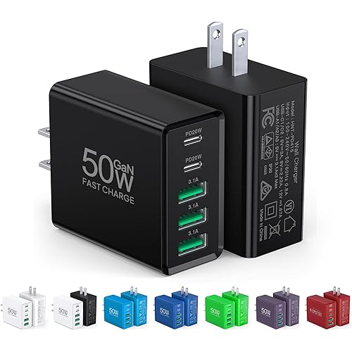 [2-Pack] USB C Wall Charger, 50W USB C Charger Block 5-Port PD Fast Charging Blocks,2USB C+3USB A Multiport Plug,Type C Power Adapter Brick Cube for iPhone 17/16/15/14/13/Pro,Samsung,for Switch（Black）