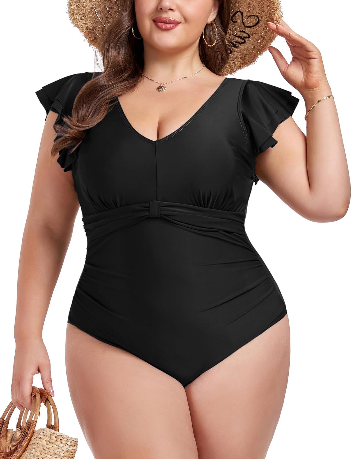 ZOMVA Plus Size Womens Swimsuit One Piece Tummy Control Bathing Suit Ruffle Sleeve Full Coverage Swimwear