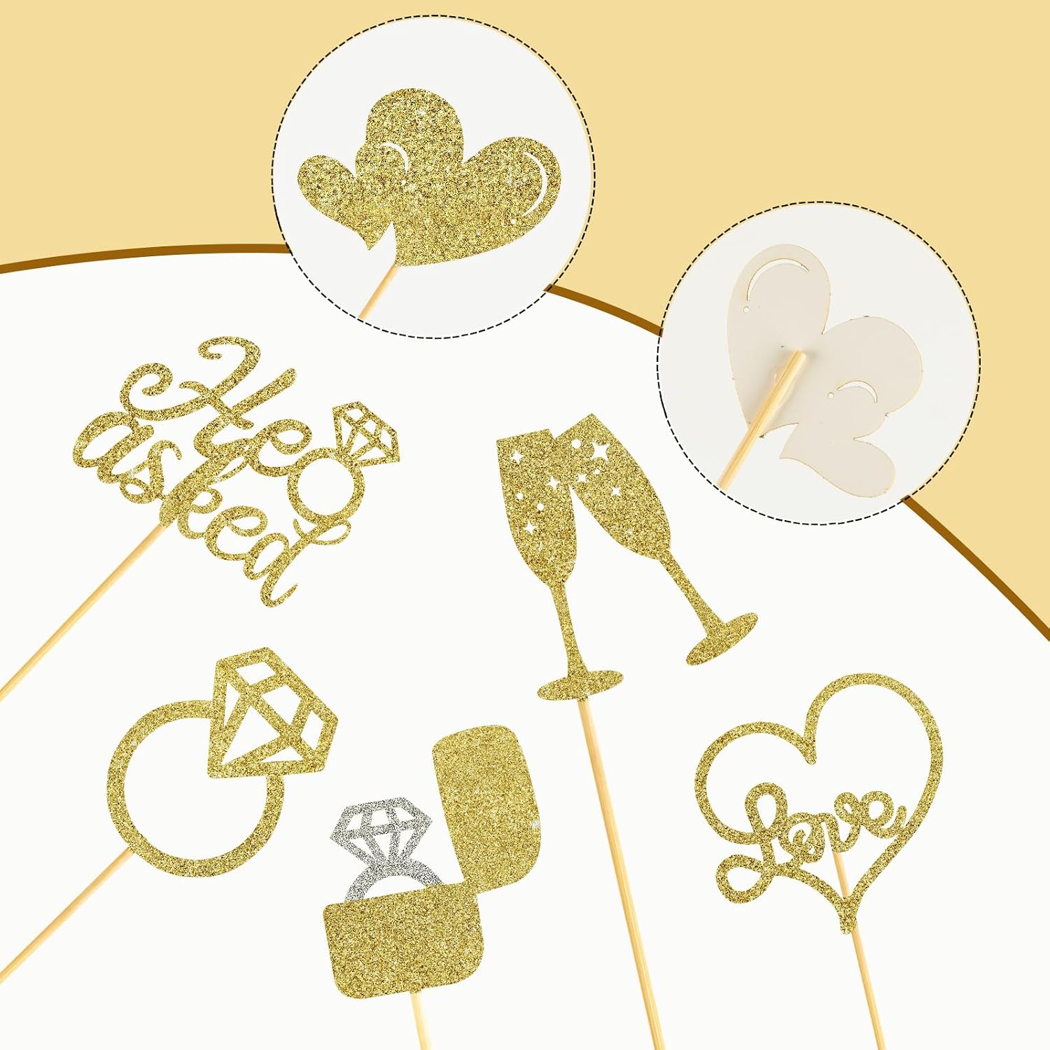 60 Pcs He Asked She Said Yes Cupcake Toppers,Engagement Cupcake Toppers Glitter Diamond Ring Heart Love I Do Cupcake Picks for Engagement Wedding Party Cake Decorations,Gold