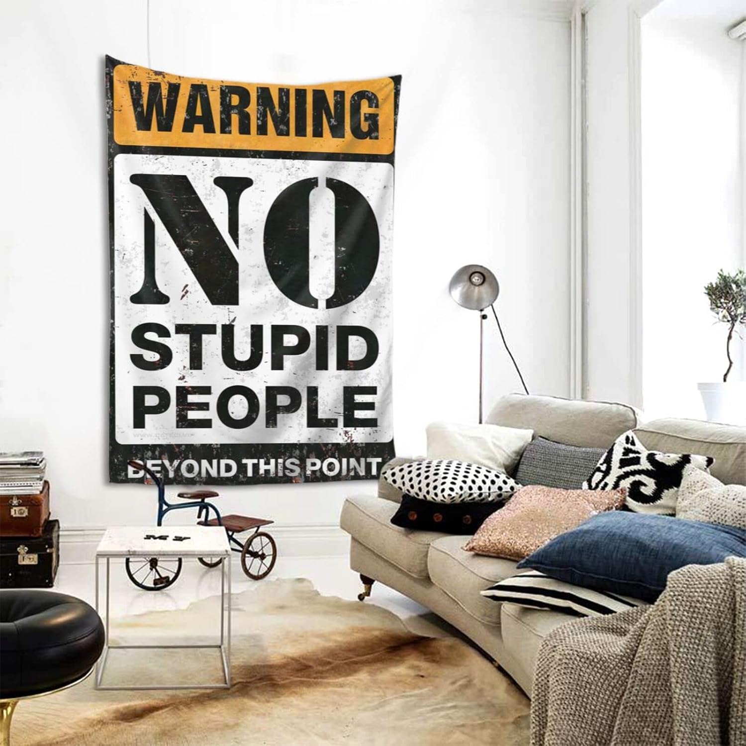 Wall Tapestry For Bedroom Warning No Stupid People Beyond This Point Tapestry Ceiling Decor Funny Kitchen Decor(75X100CM)
