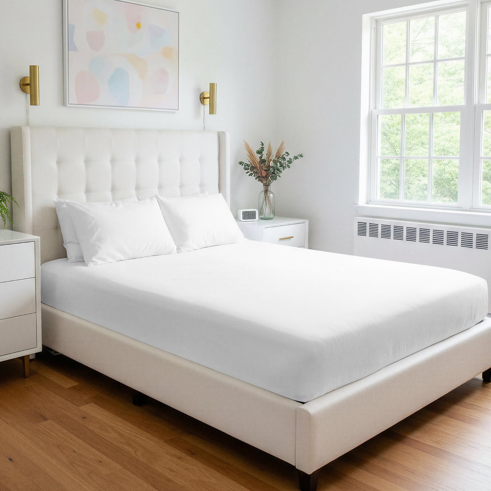 Pizuna Coton Luxueux Drap Housse 180x200 cm Blanc, 800 Fils | 100% Coton Longue Tige 800 Fils Armure Satin Drap Housse de Luxe Bonnet 40 cm (Blanc)