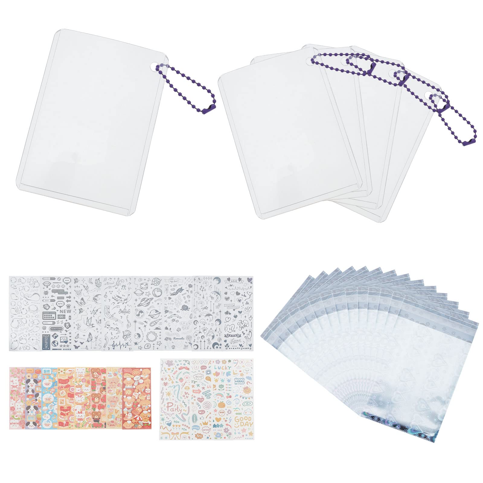 WEBEEDY 10 Pcs Photocard Holder Keychain 3.94x2.76" with Korean Deco Kpop Stickers, 50 Holographic Card Sleeves for Trading Cards Kpop Photocard, 20 Colorful Kpop Korean Stickers