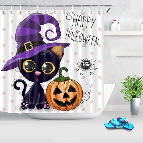 Miniatura 4 de LB Juego de cortinas de ducha de calabazas de Halloween con diseño de gato mágico de dibujos animados, con puntos de sombrero mágico para decoración