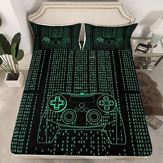 Kids Modern Gamer Bed Sheet Full Size Video Game Controller Fitted Sheet Gamepad Joystick Green Bedding Set for Boys Teens Adult Player Gaming Sheet Set Ultra Soft Room Decoration(No Top Sheet)