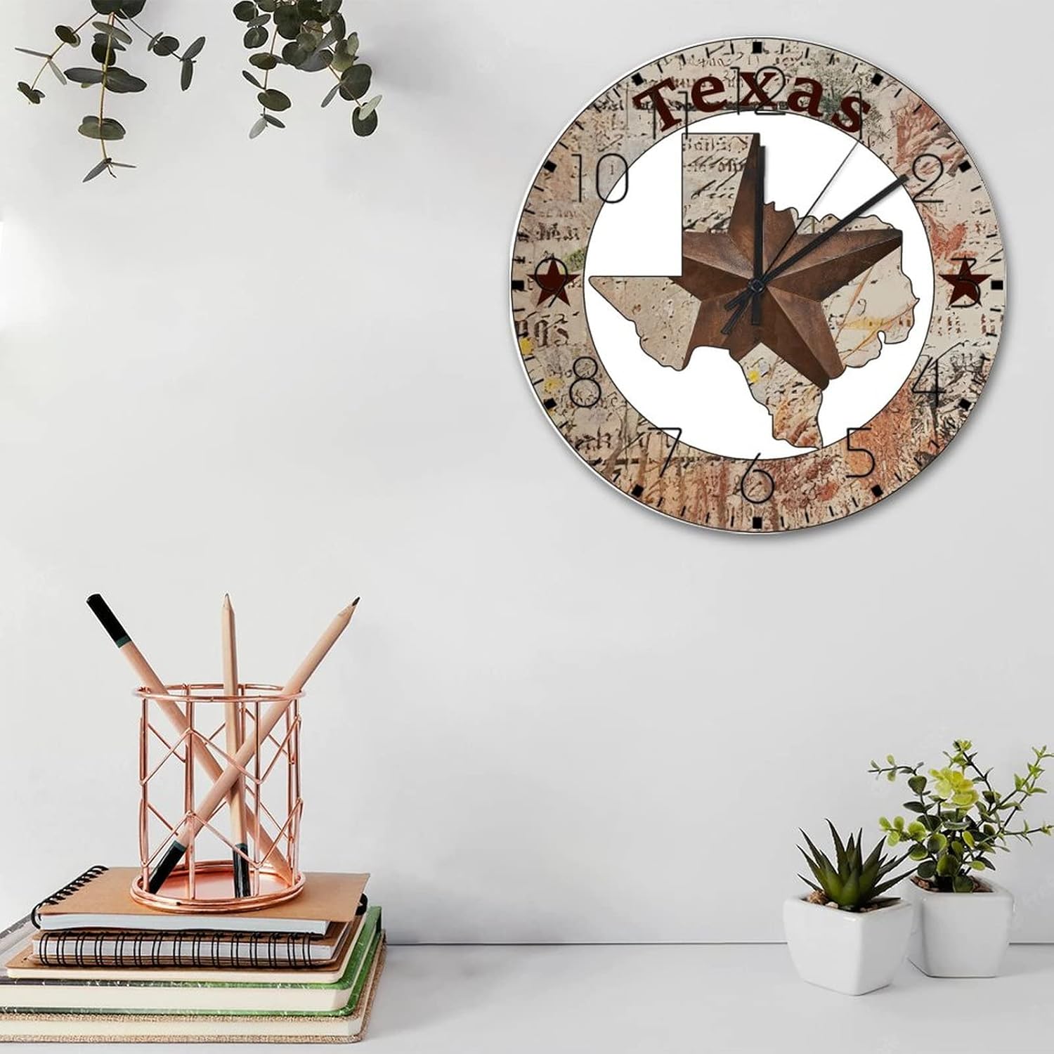 Wooden Wall Clock Non-Ticking Quartz Battery Operated Texas Lone Star Home Map Decorative Wall Clocks Texas Proud Born State Wooden Wall Decor for Workshop Hotel Church 15 Inch