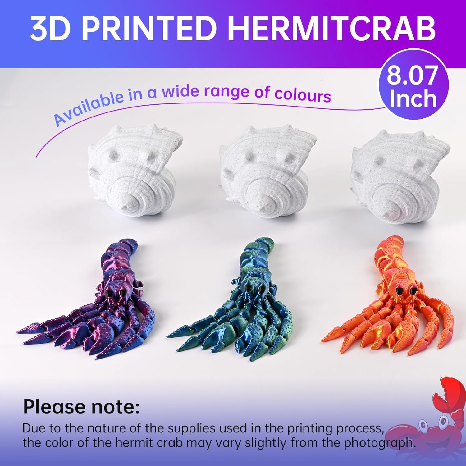 GemmiCho 3D Printed Animals, 7.8" 3D Printed Hermit Crab with Shell, 3D Printed Toys for Stress Relief, Animals Figurines Fidget Crab Toy for Boys Kids Teen 5-7 4-6 8-12 (Purple)