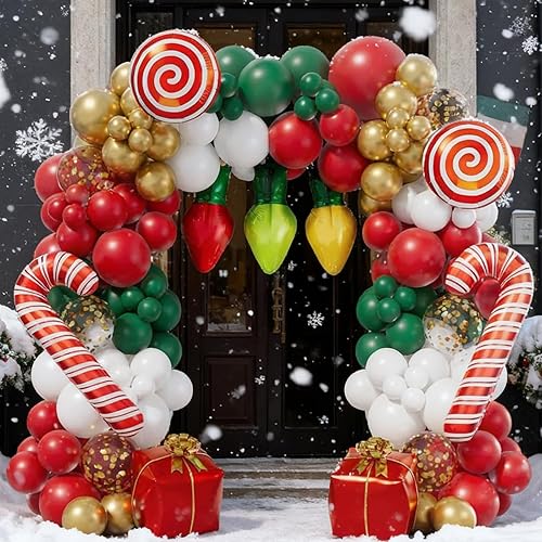 Miniatura 4 de Kit de arco de guirnalda de globos de Navidad de 153 piezas con globos rojos, dorados, verdes y blancos, caja de regalo, globos de bastón rojo para