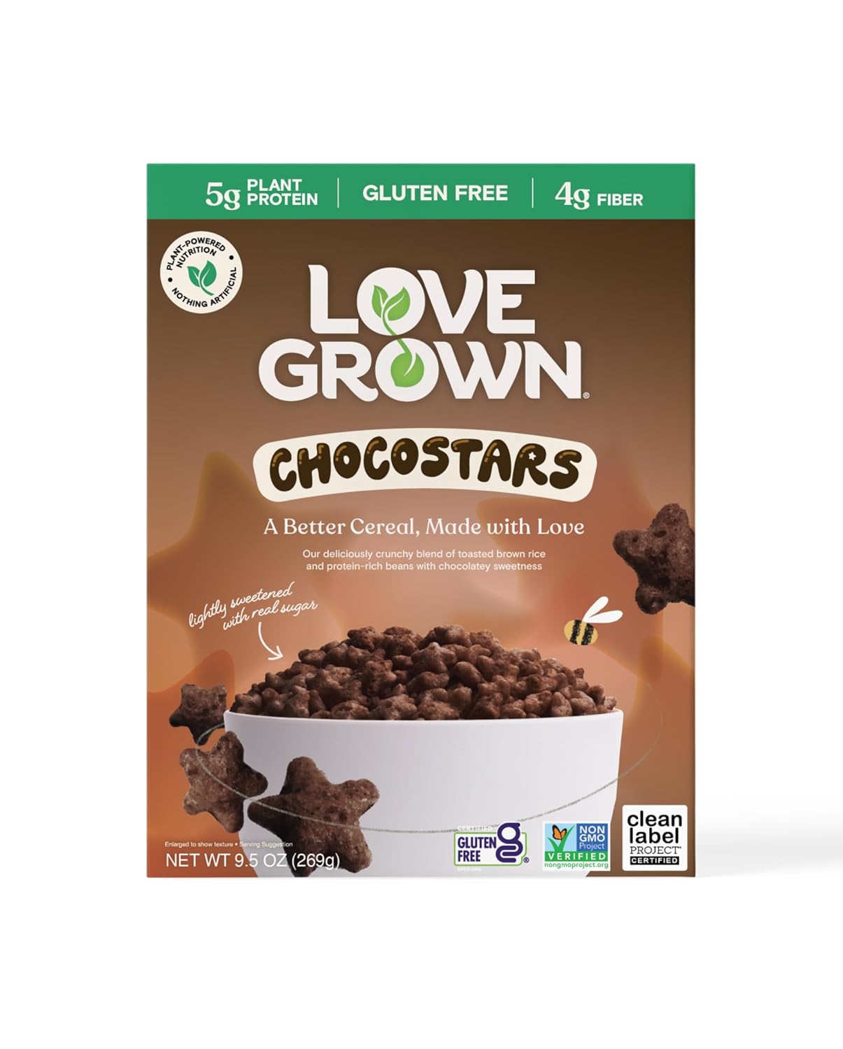 Love Grown Gluten-Free Bean Stars Cereal - Plant-Based, Vegan, Non-GMO Certified - 5g Added Sugar, High Fiber, Seed-Oil Free - No Artificial Colors or Flavors - Chocolate Flavor, 6 Pack, 9.5oz