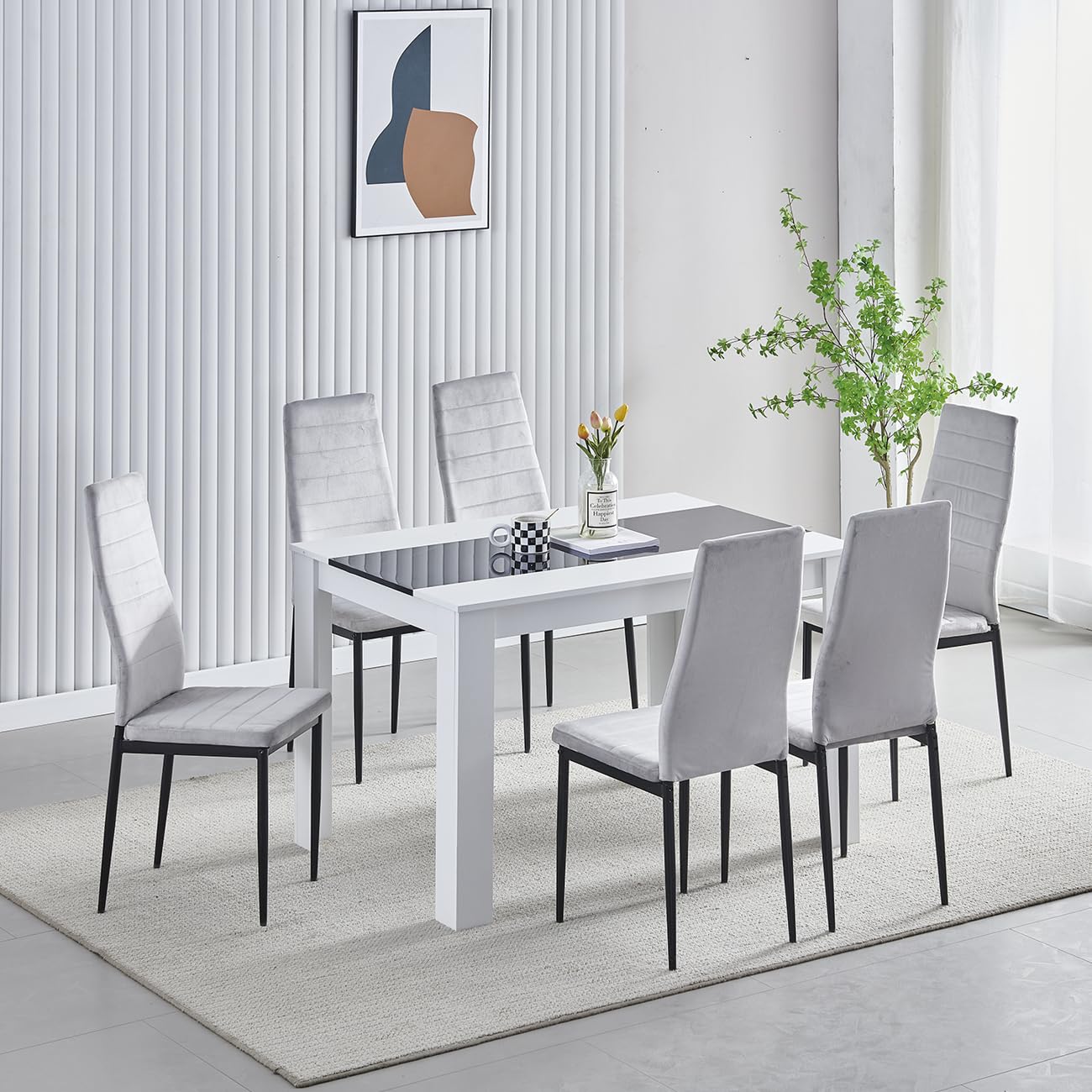 Menaka Wood Dining Table and Chairs Set of 4, Small Rectangular Kitchen Dinner Table with 4 Seaters (line grey velvet chairs, 120m line table, 6 seaters) โ image 1
