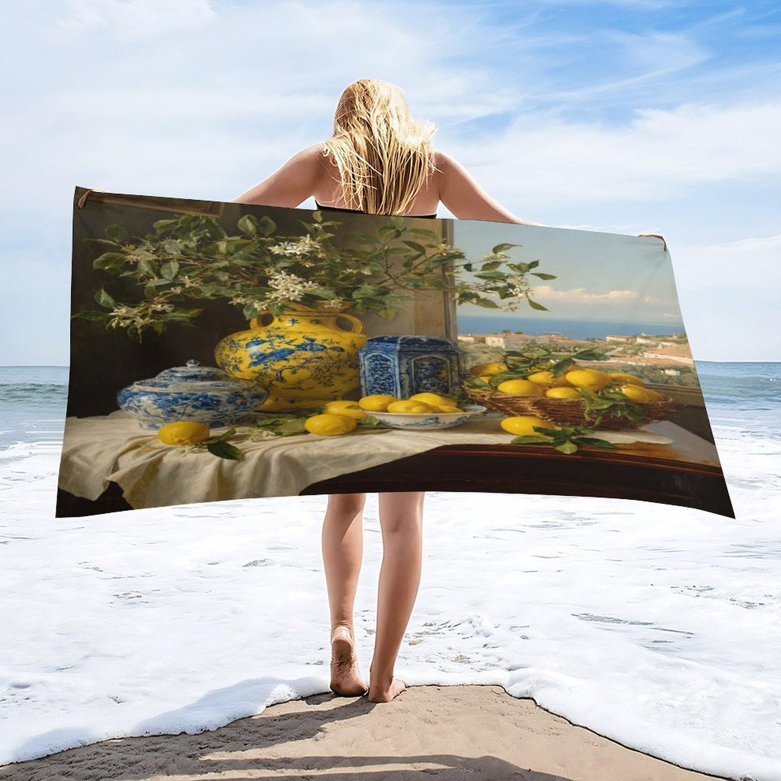 Luyysky Classic Rustic Fruit Lemon Quick-Drying Beach Towel, Beautiful Vintage Nautical Window Landscape Coastal Plant Flowers Travel Vacation Single Sided Pile Bathroom Towels-80 W Cm X 160" L Cm