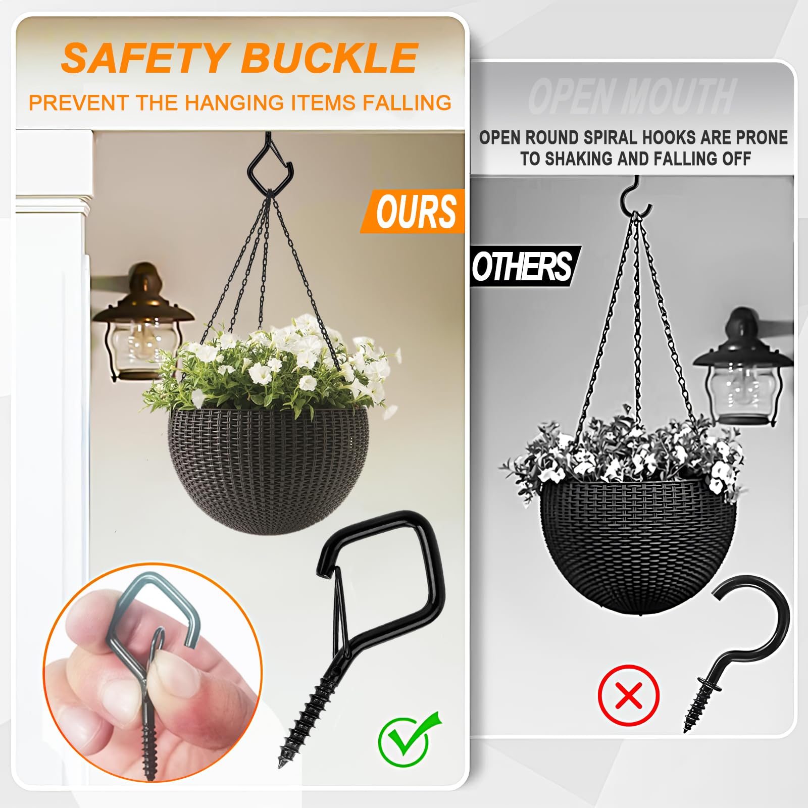 Gaodeding 20-Piece Ceiling Hooks with Safety Clasps, 40-Pound Load, Black Metal Screw Hooks, Indoor and Outdoor Use - Image 4