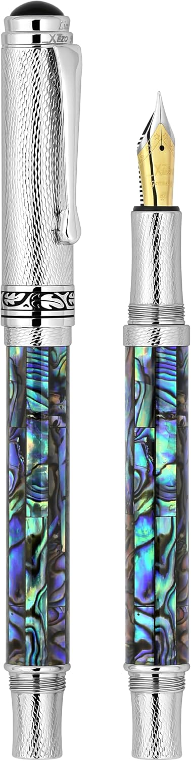 Xezo Maestro Fountain Pen, Fine Nib. Pāua Abalone Sea Shell Inlay with Chrome Plating. Handcrafted, Limited Edition, Serialized. No Two Pens Alike