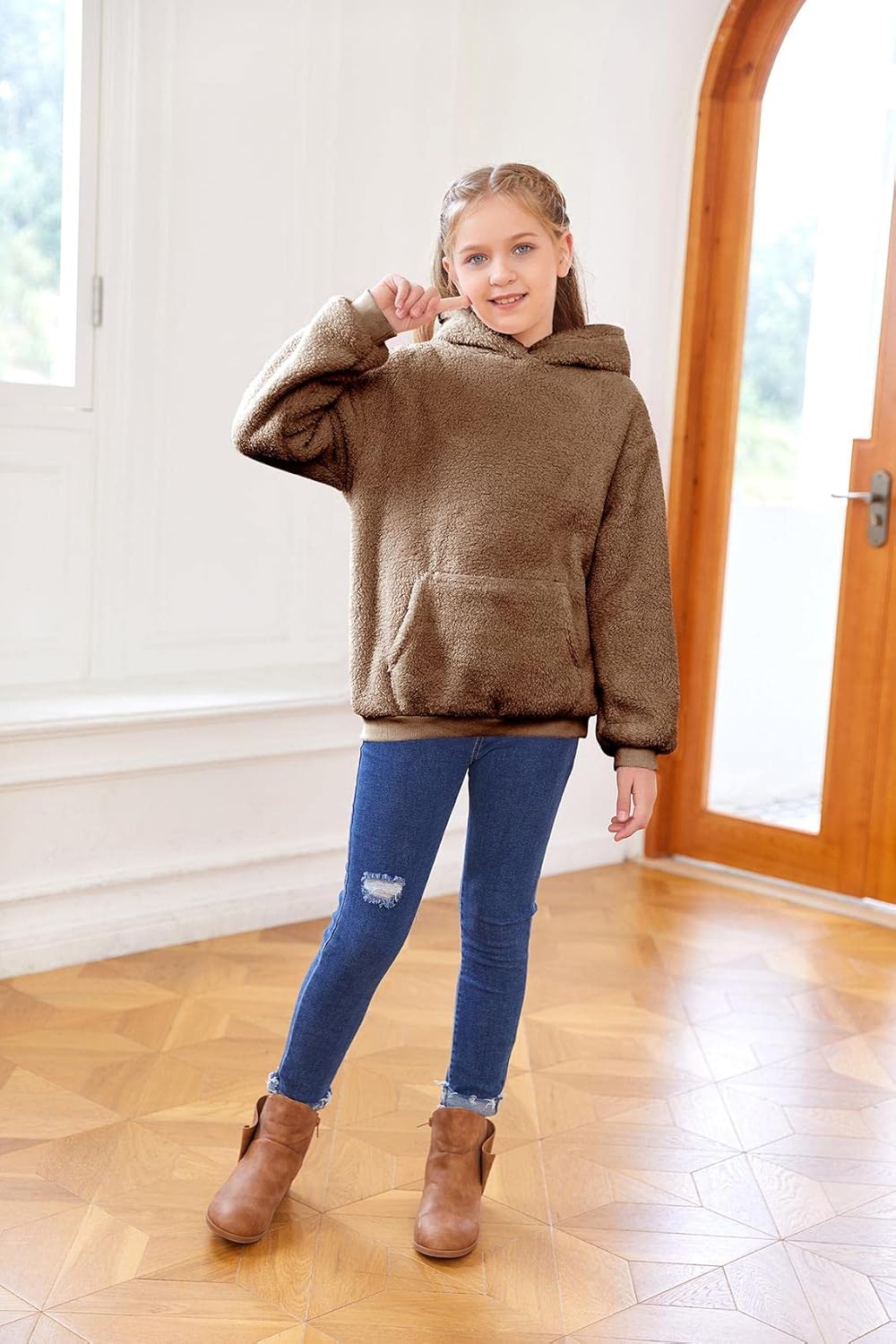 Makkrom Boys Girls Sherpa Hoodies Fleece Hoodie Pullover Outfits for Kids - Image 4