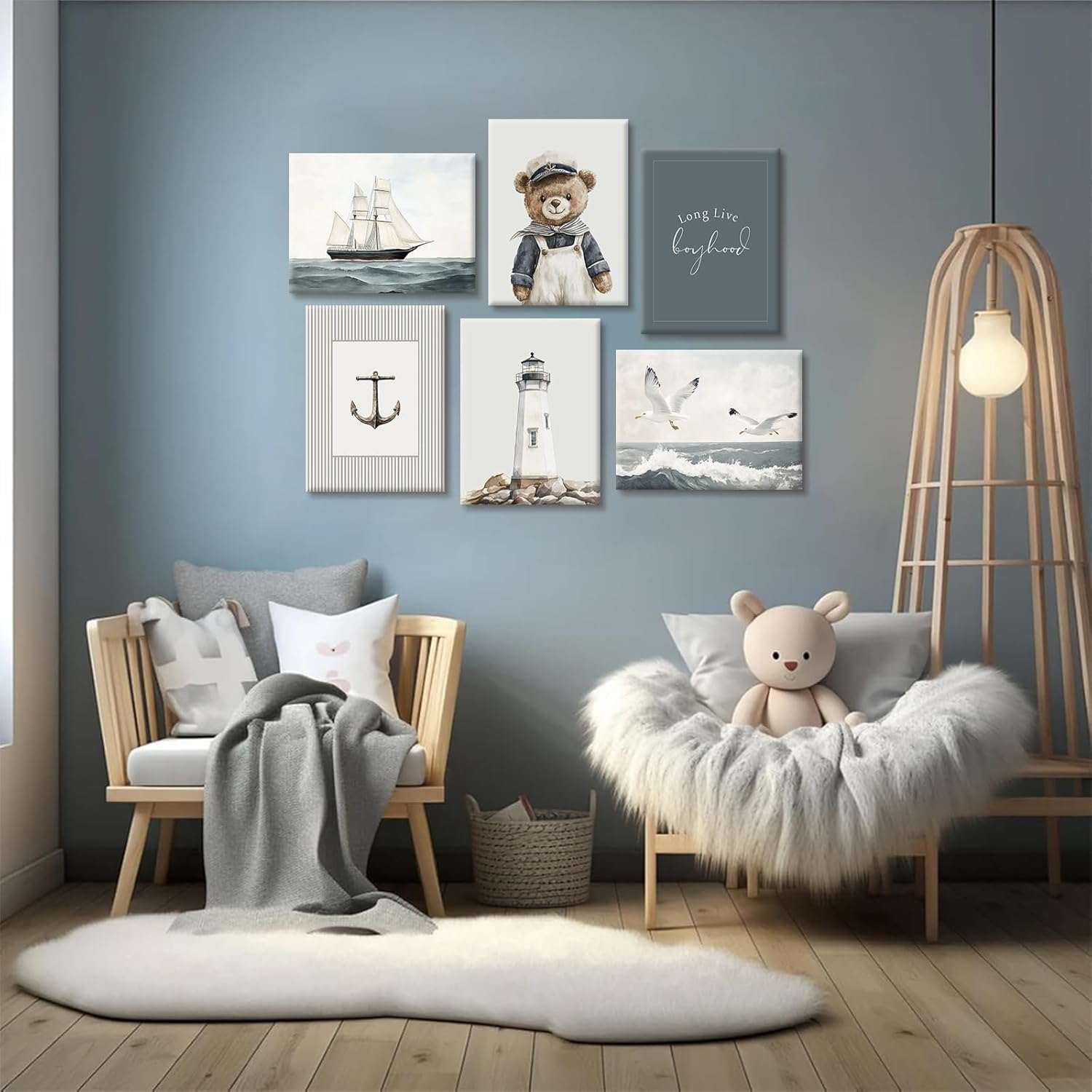 Teddy Bear Nursery Wall Art Baby Boys Room Canvas Poster Vintage Nursery Wall Decor Kids Coastal Prints Sailor Bear Pictures Nautical Sailboat Painting Artwork for Bedroom 12x16 Inch Ready to Hang