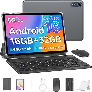 Tablet 10 Inch, Android 16 Tablet with Keyboard, 16GB RAM + 32GB, Gray
