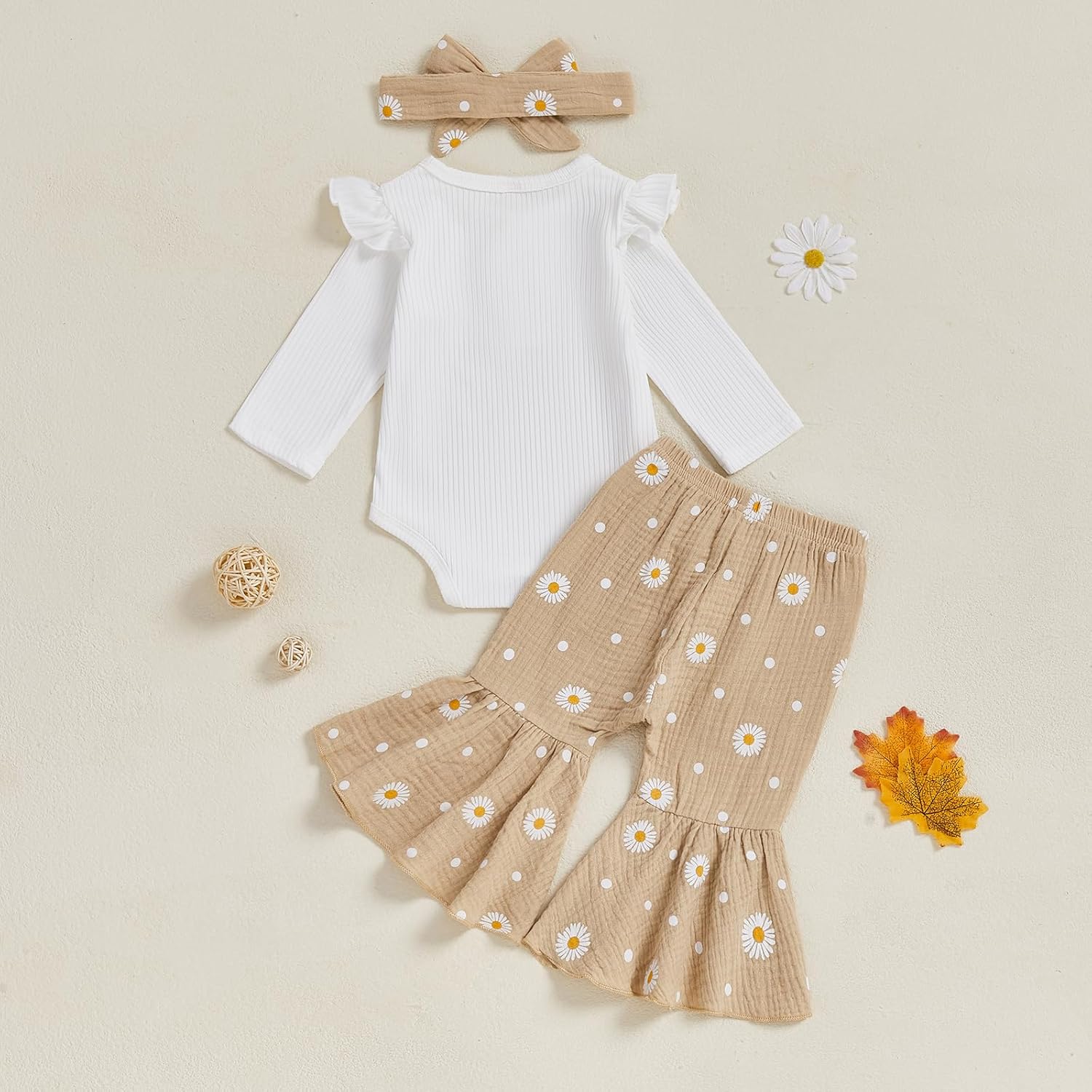 Newborn Baby Girl Fall Clothes Ruffle Romper Long Sleeve Onesie Daisy Print Flared Pants Set Headband Clothes Set - Image 4