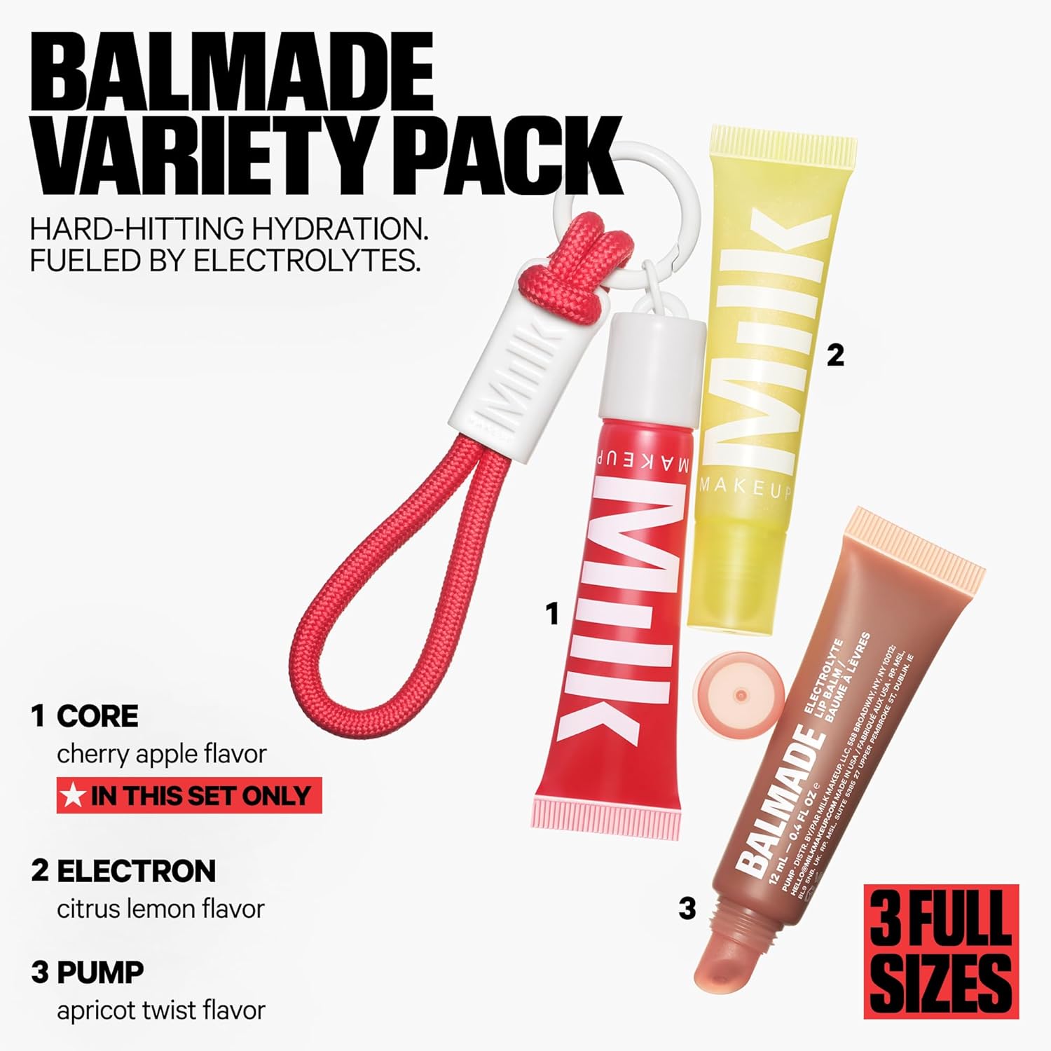 Milk Makeup 3-Pack Balmade Hydrating Lip Balm Gift Set – Sheer-Tinted, High Shine Glosses for Visibly Plumper Lips + Exclusive Keychain – Full Size Electron (Clear), Pump (Warm Beige) + Core (Red) - Image 2